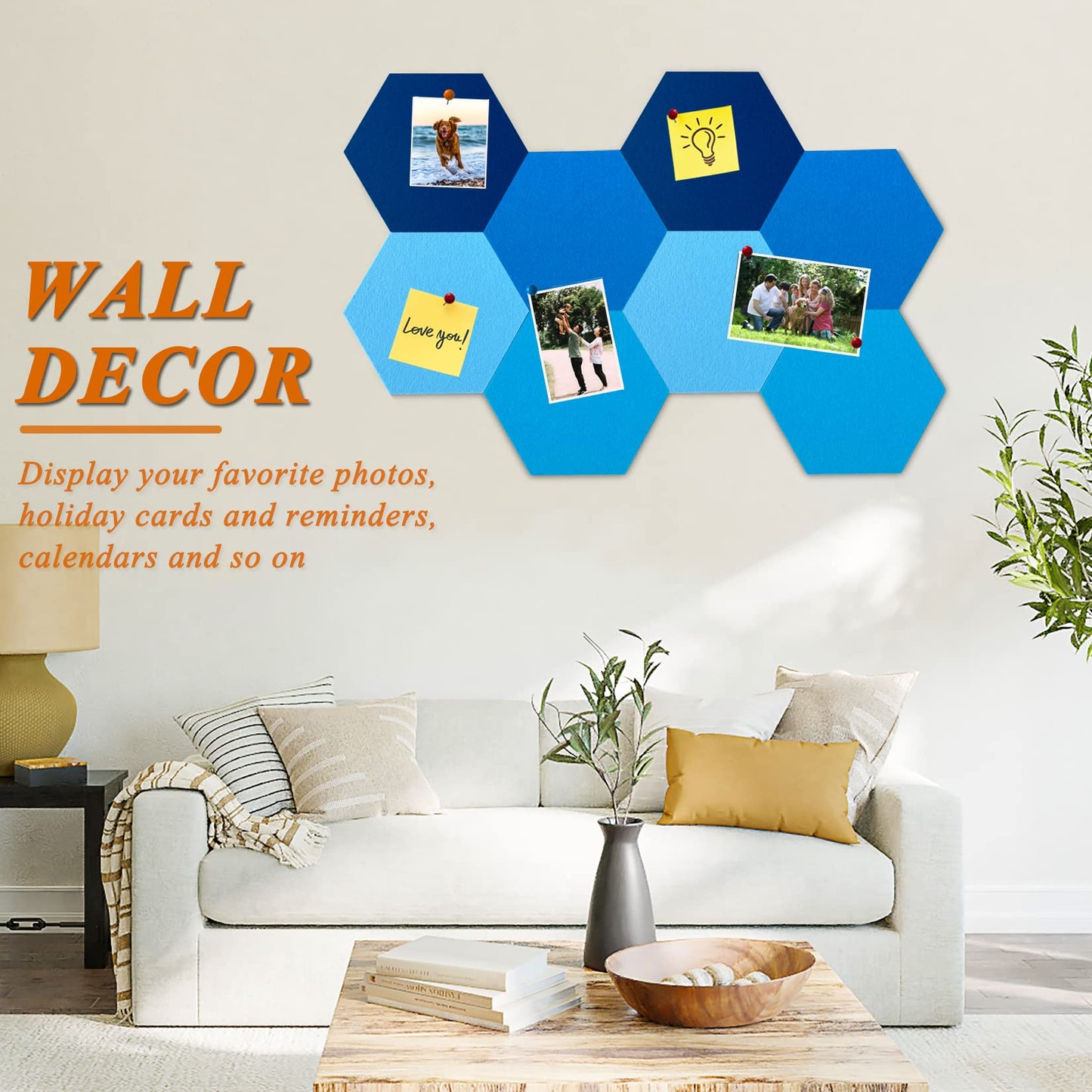 HULAVO 8Pcs Hexagon Felt Cork Board Tiles, Self Adhesive DIY Bulletin Board Pin Board for Office School Home Wall Decor Stickers Memos Photos Display (Gradual Blue)