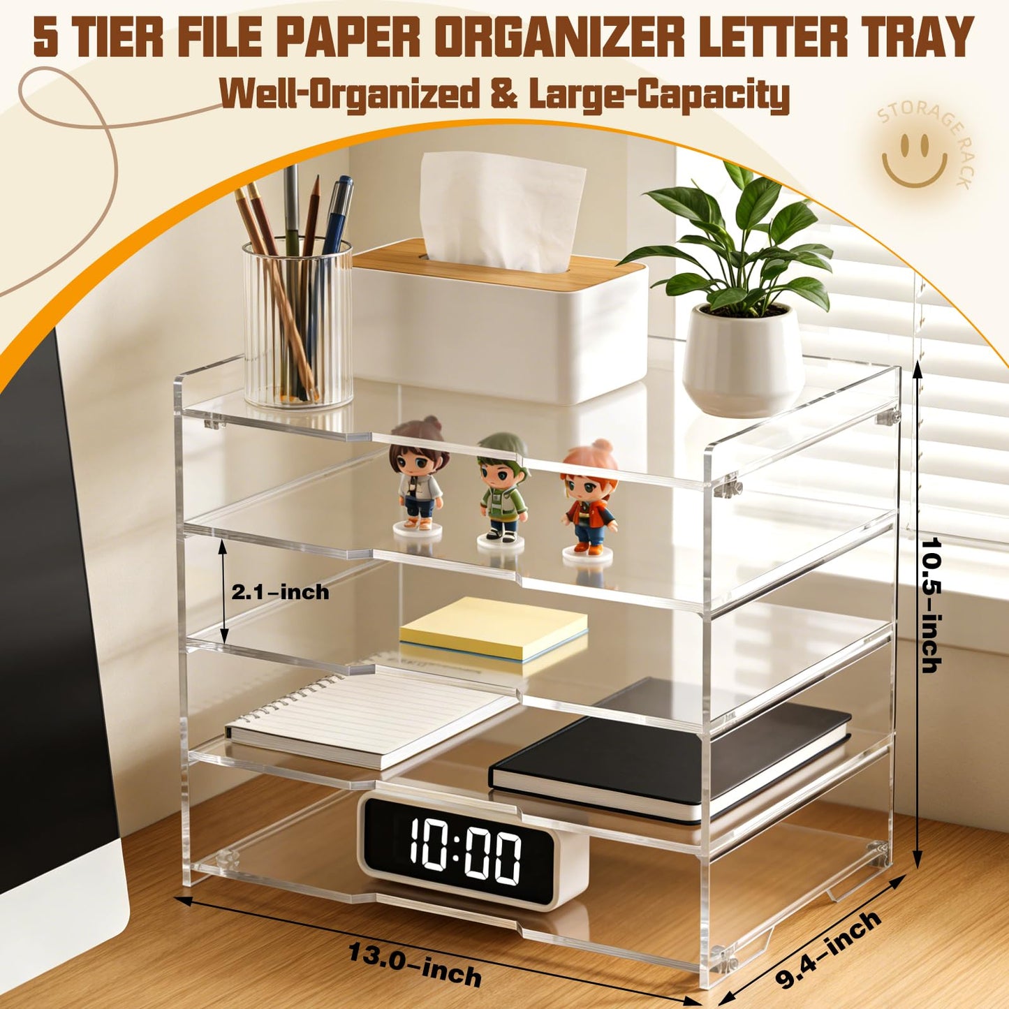 Leffis 5 Tier Acrylic Desk Organizer, Clear Paper File Folder Holder Letter Tray, Desktop Document Sorter for Office Home School Classroom, Tiered Storage Rack for Papers Bills Mail Supplies