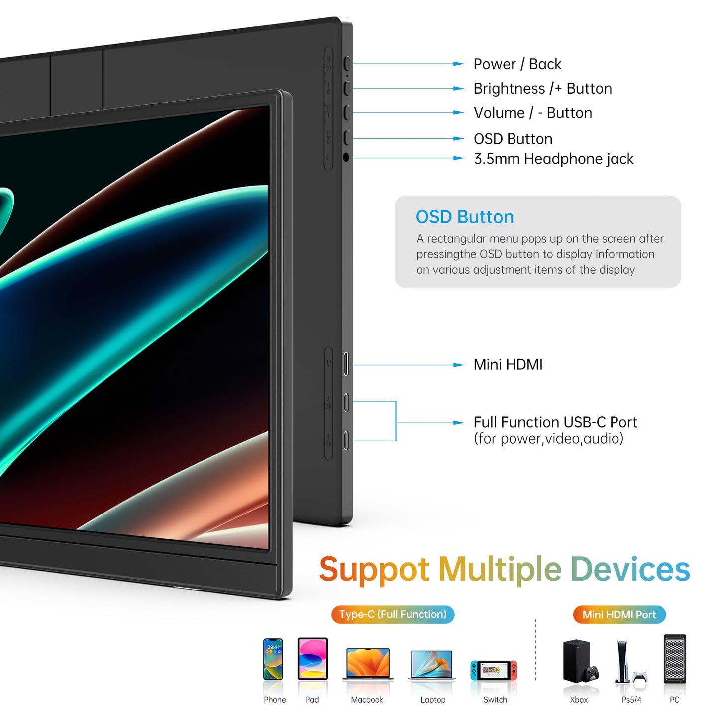 ForHelp 14 Inch Portable Monitor FHD1200P Ultra-Slim for Laptop Monitor, USB-C&HDMI Plug&Play,100% SRGB,Dual Speakers Extender Display. Built-in Stand,for Laptop,PC Phone Xbox PS4/5