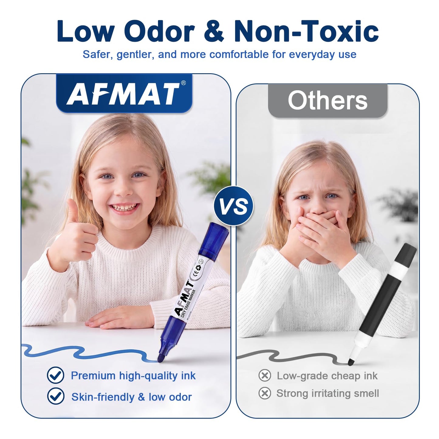 AFMAT Dry Erase Markers, Liquid Bullet Tip Whiteboard Markers with Visible Ink Window, Low Odor & Non-Toxic, 3X Large Capacity, No Residue for White Board, Classroom, Office, Home, Bright Blue,12 Pack