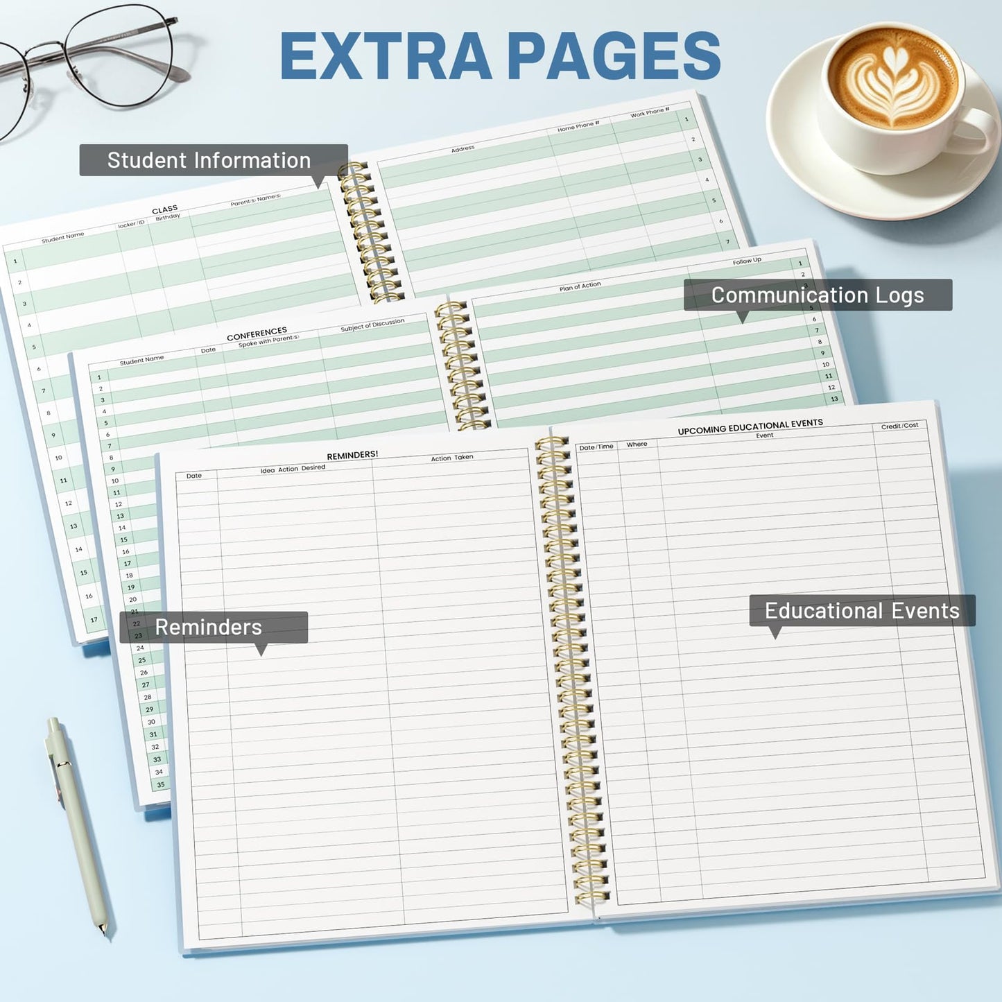 SUNEE Teacher Class Record Book for 9-10 weeks, 36 Names, 8.5x11 Inch, 104 Pages (52 Sheets), 100gsm Thick Paper, Larger Grade Recording up to 36 Students with Water-Resistant Plastic Cover, Blue