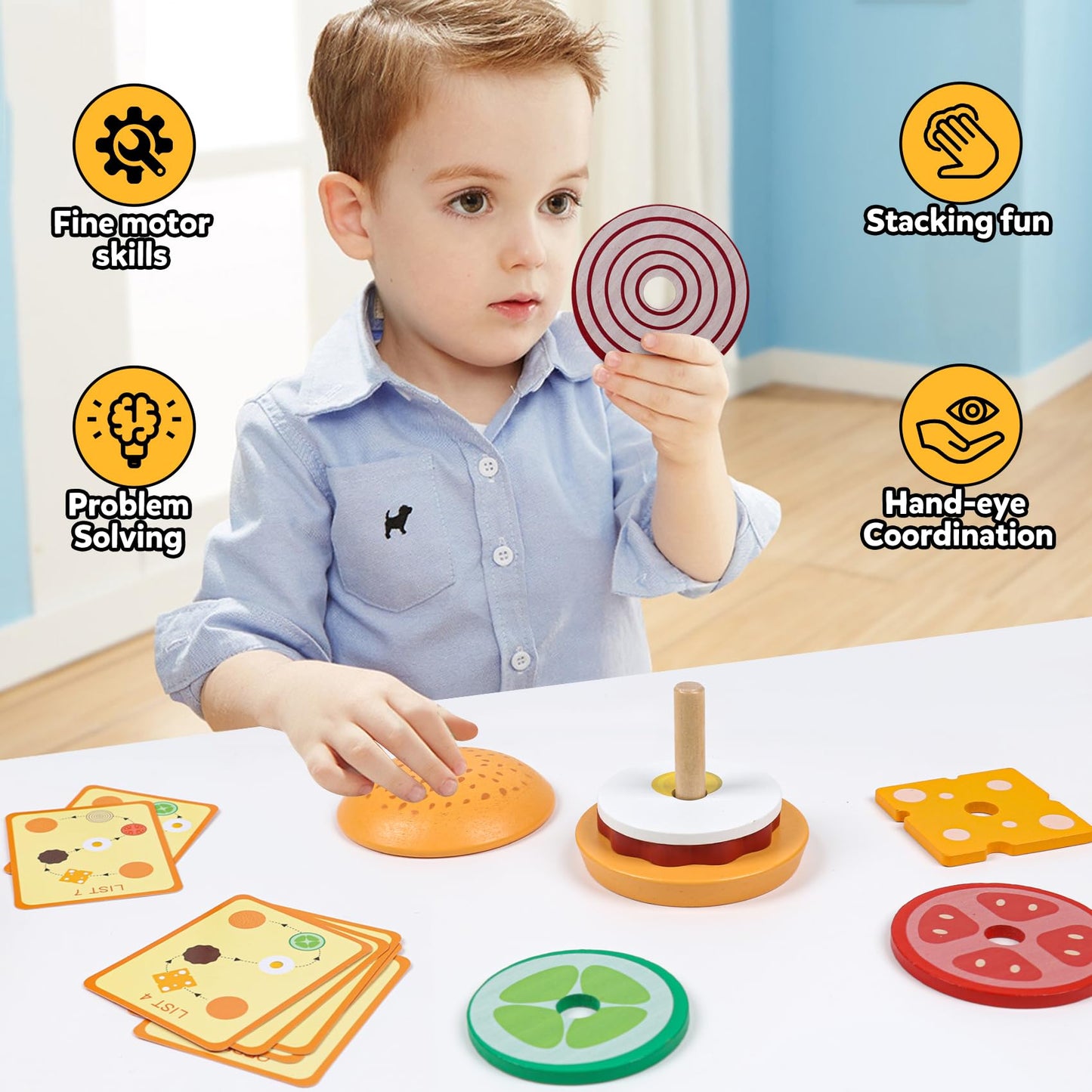 Kizh Wooden Burger Sorting Stacking Toy for Toddlers - Preschool Montessori Educational Fine Motor Toys for Kids Boys Girls