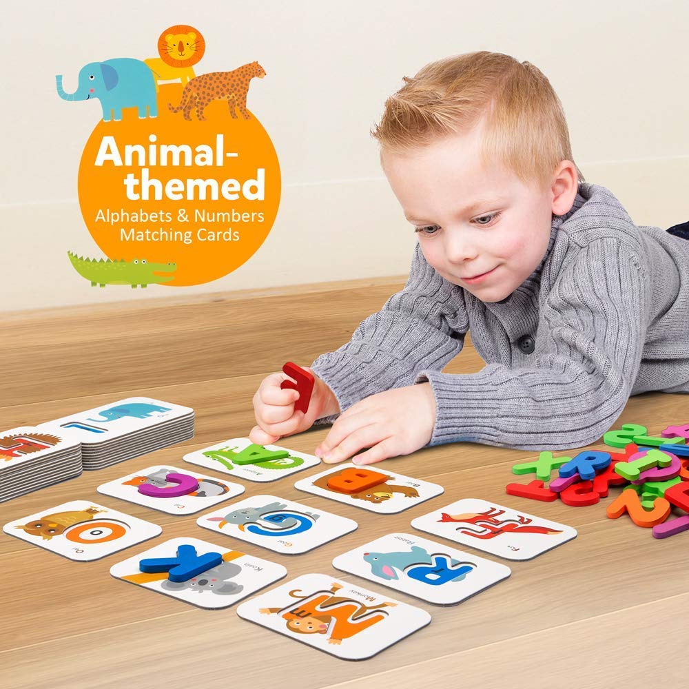Coogam Numbers and Alphabets Flash Cards Set - ABC Wooden Letters and Numbers Animal Pattern Board Matching Puzzle Game Montessori Educational Learning Toys Gift for Preschool Kids Age 3 4 5 Years