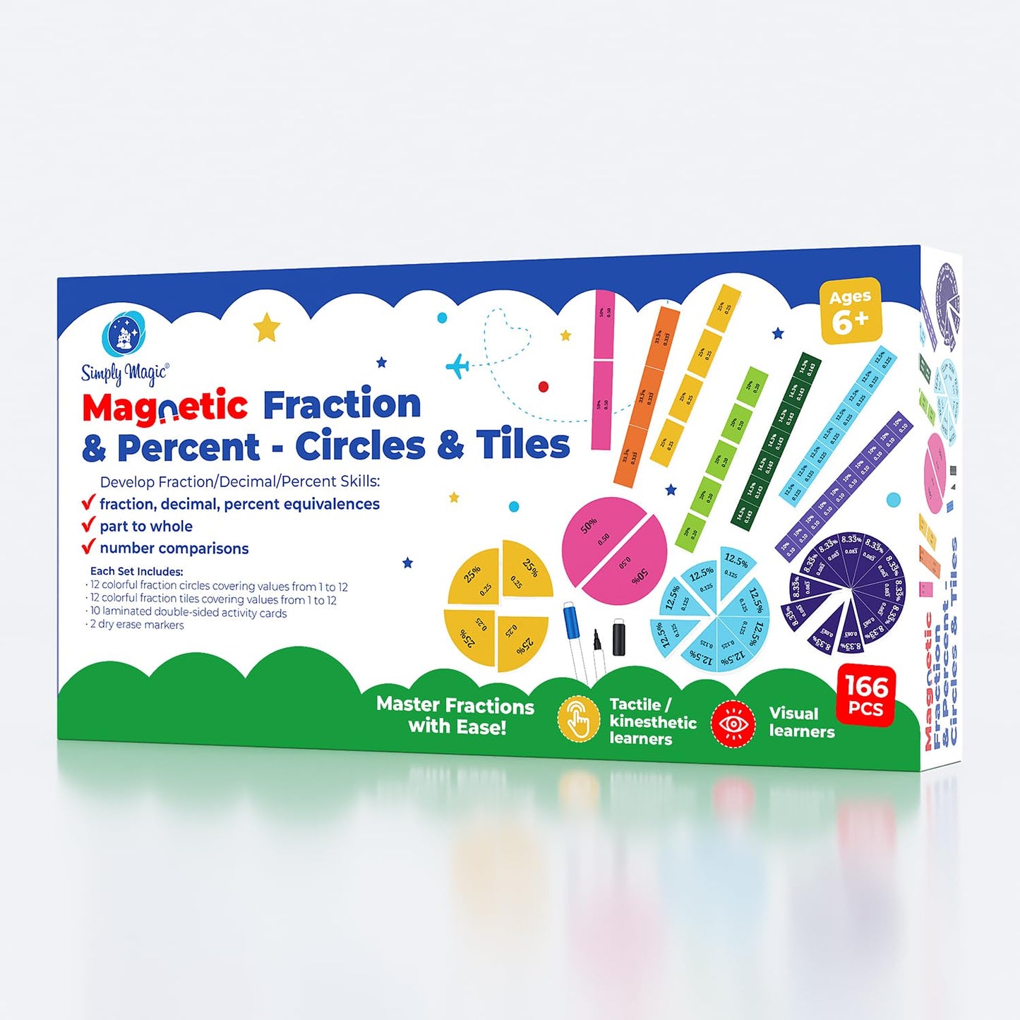 178 PCS Magnetic Fraction Tiles & Fraction Circles with Decimals & Percentages, Fraction Strips, Bars, Fraction Magnets, Fraction Manipulatives Class Set Kit, Fractions for Kids Math - Simply Magic