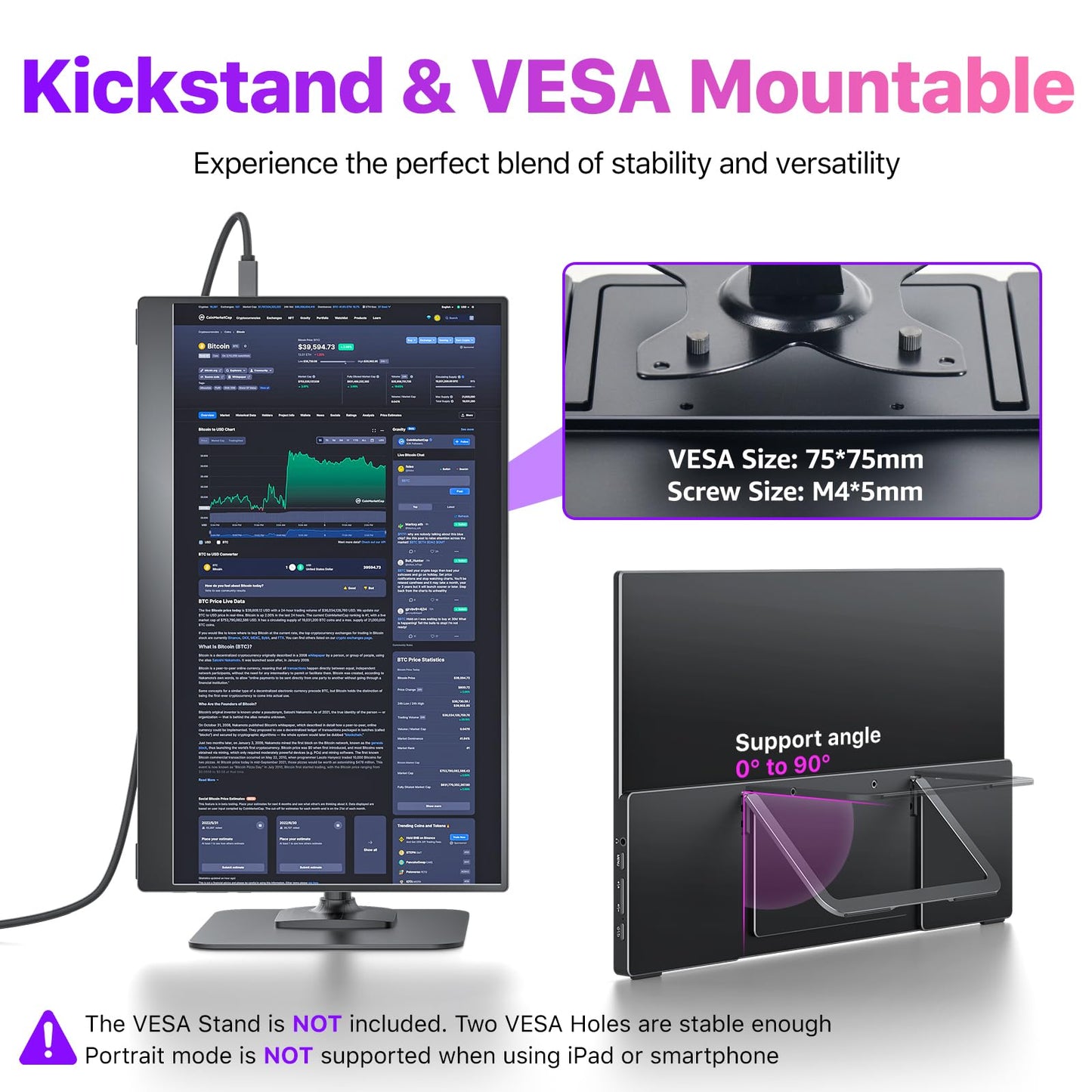 cocopar Portable Monitor 15.6 Inch 4K UHD 60Hz 145% sRGB Travel Monitor with Speaker HDMI USB-C Second Screen for Laptop MacBook Surface PC Xbox PS4/5, VESA Mountable, with Kickstand