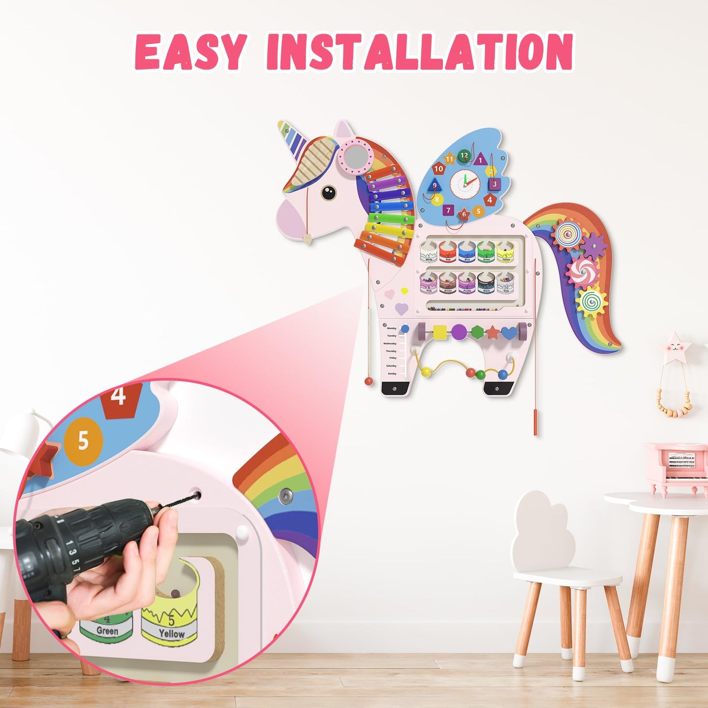 nigwet Unicorn Sensory Wall Panel for Kids - Activity Wall Busy Board Panels, Montessori Toddler Wall Activity Board, Wall Toys for Toddlers 3, Activity Cube, Perfect for Toddler Playroom, Pink