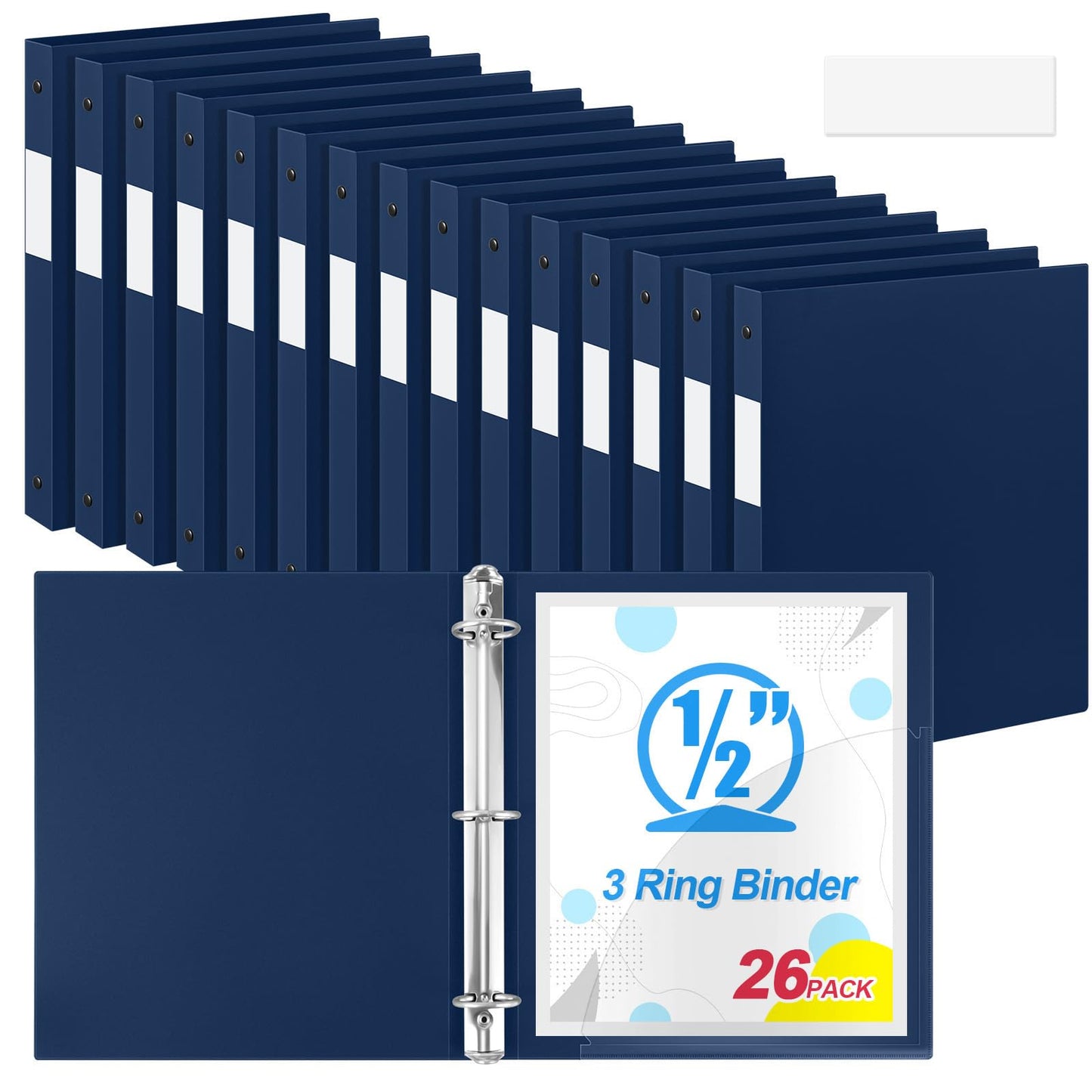 Henoyso 26 Pack 0.5 Inch Plastic 3 Ring Binder Round Ring, Bulk 1/2 Inch Flexible Binders Hold 140 Sheets Letter Size with Pocket, Document Organizer for Back to School Classroom Office (Navy Blue)