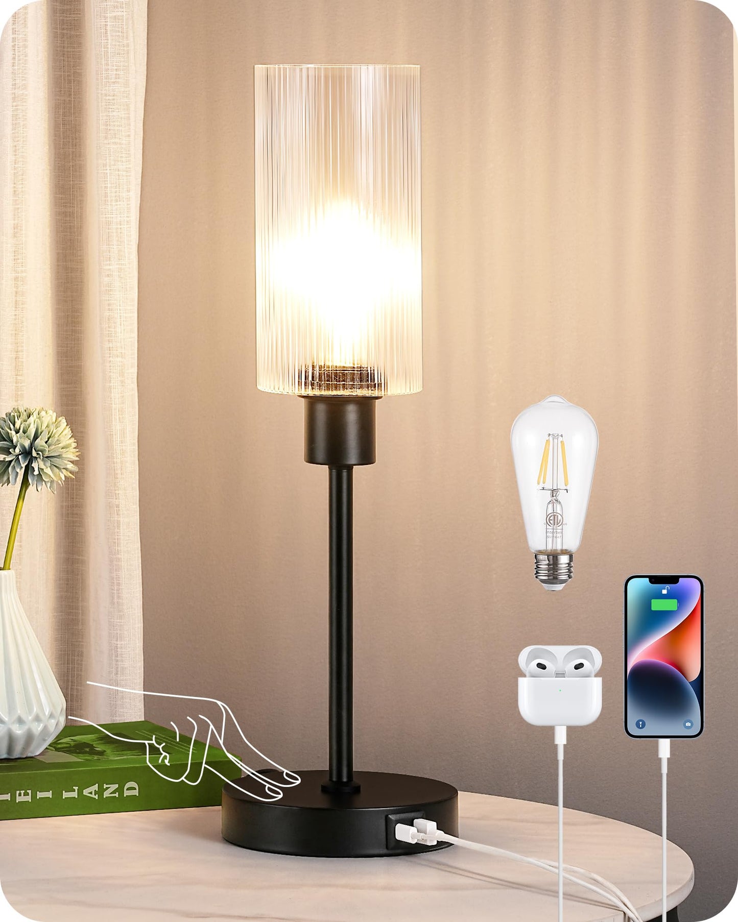 EDISHINE Table Lamp, Touch Control, 3-Way Dimmable, USB C+A Ports, Glass Shade, Black, Model 6e0d2e66-4aa0-