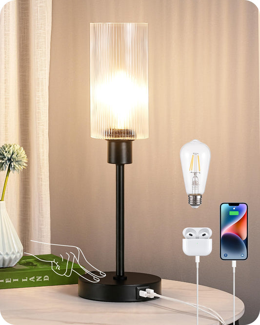 EDISHINE Table Lamp, Touch Control, 3-Way Dimmable, USB C+A Ports, Glass Shade, Black, Model 6e0d2e66-4aa0-