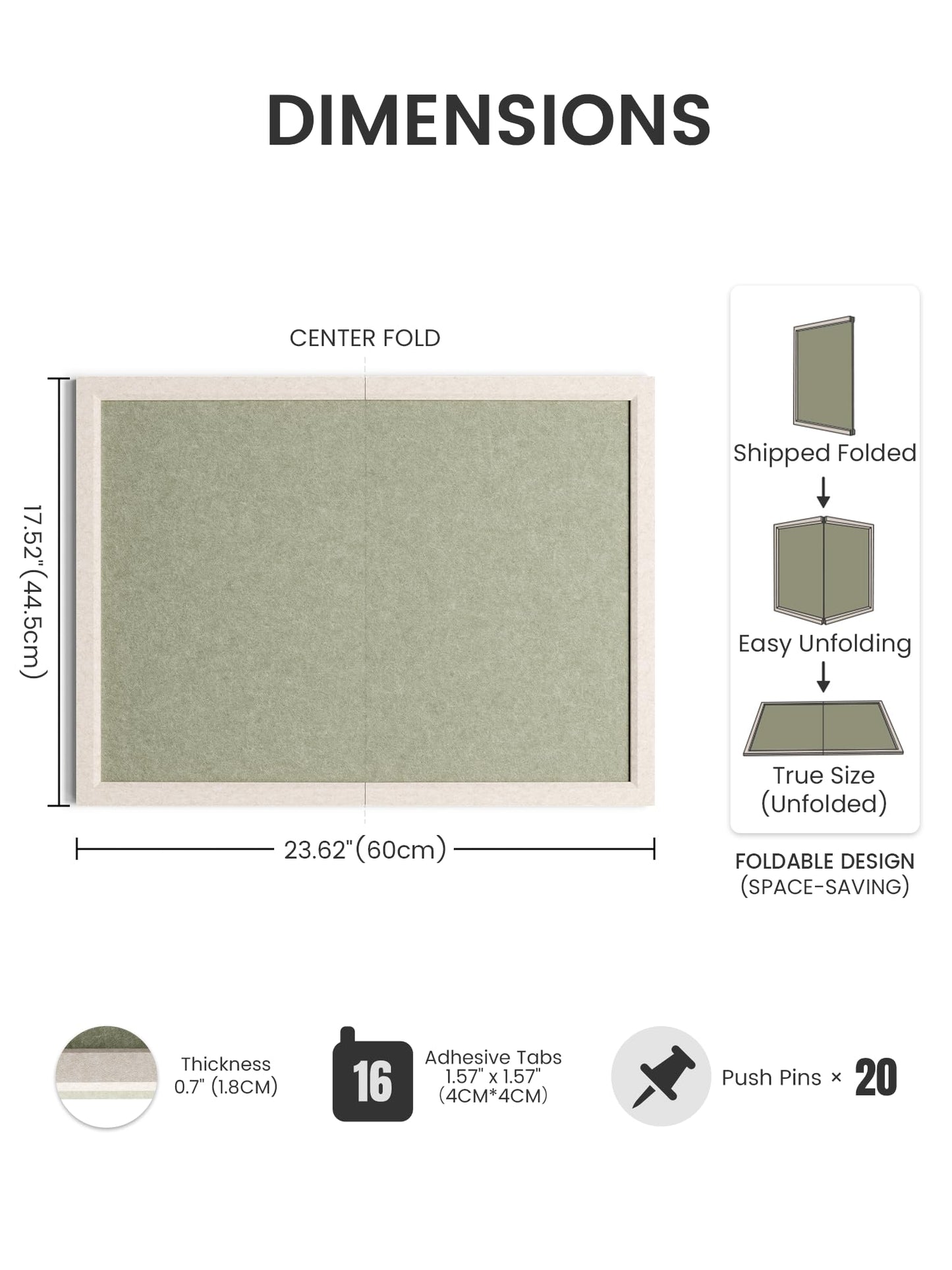 Fluxynara Foldable Cork Board Alternative, Felt Bulletin Board 23.6" x 17.5" Oatmeal Frame with 12 Adhesive Tabs, Pin Board for Home Office, Classroom, Entryway, Kitchen Wall Decor—Sage