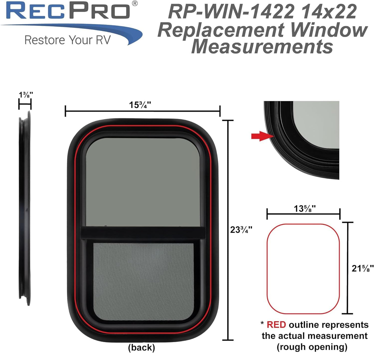RecPro RV Window Replacement | Teardrop Style | 14inW x 22inH | Vertical Sliding | Black | Model RP-WIN