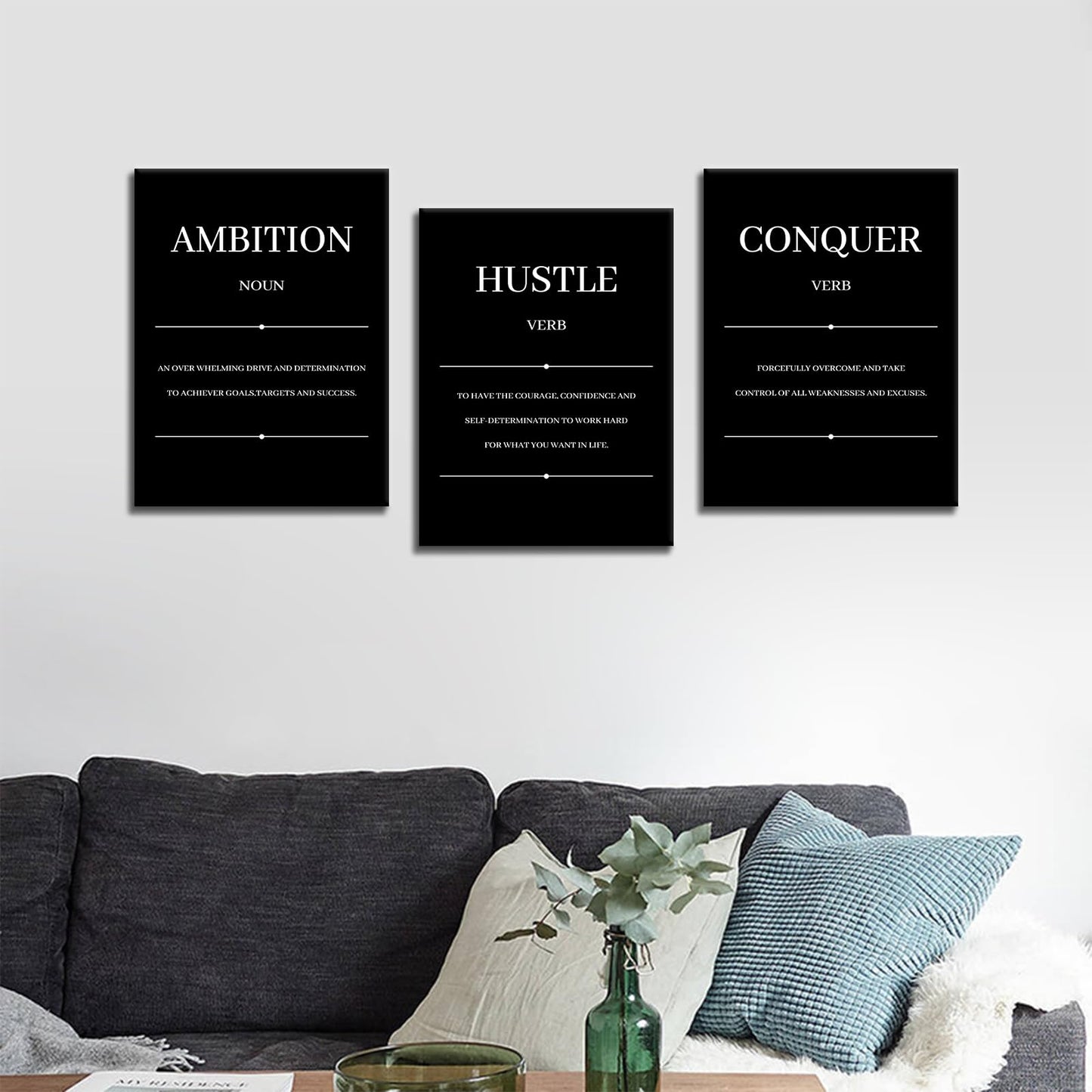 Ambition Hustle Conquer Motivational Canvas Wall Art Inspirational Entrepreneur Quotes Posters Prints Work for Modern Bedroom Office Gym Wall Decoration Ready to Hang [36''W x 16''H]