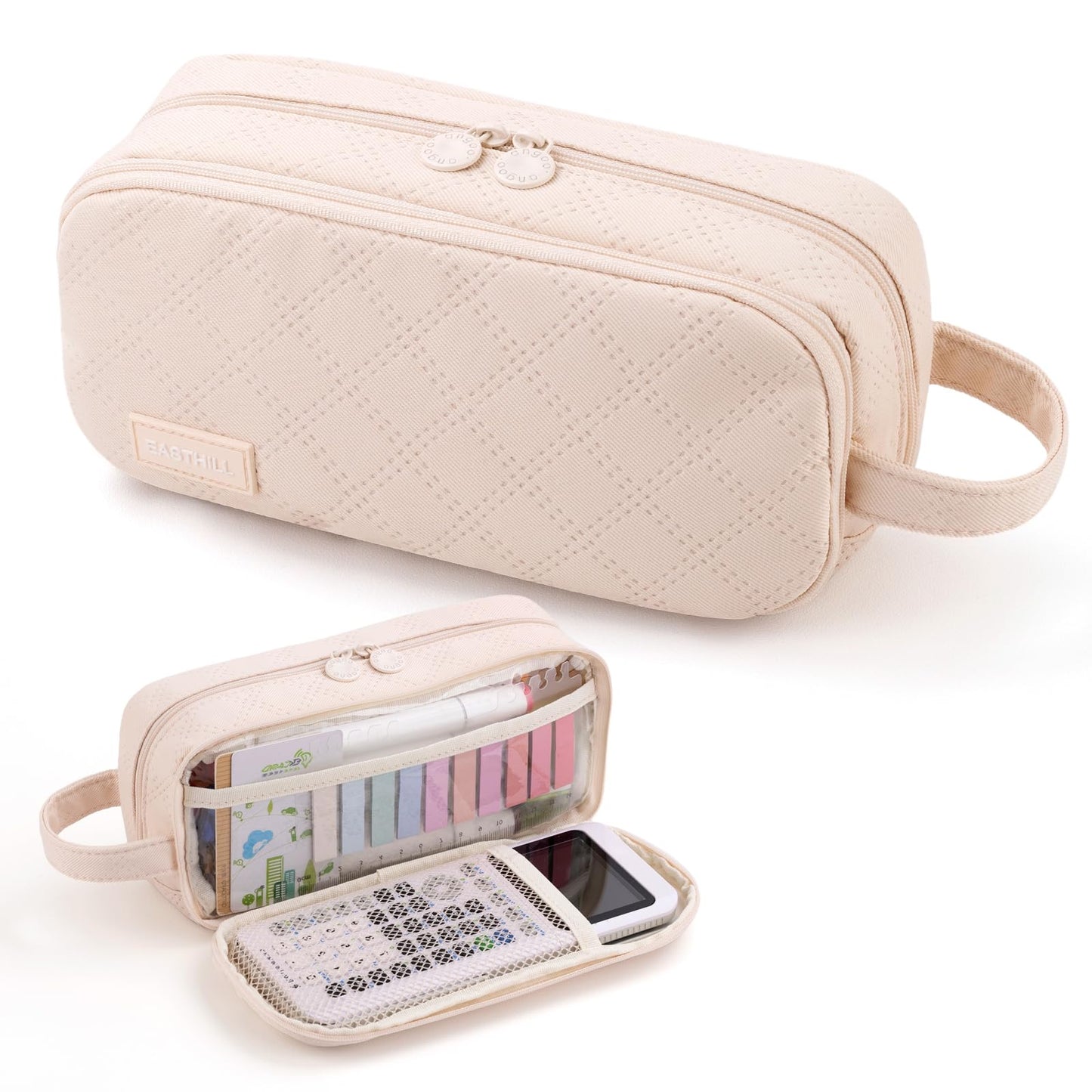 EASTHILL Large Capacity Pencil Case Cute Pencil Pouch with Handle Stationery Pen Bag for Teen Girls-Cream