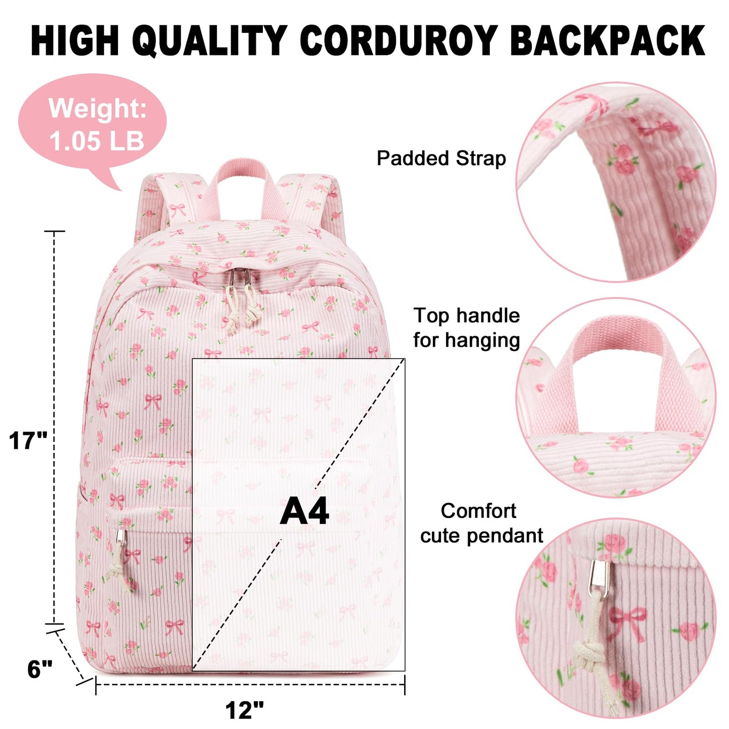 BTOOP School Backpack for Girls Teens Large Corduroy Bookbag Lightweight Casual High School College Backpacks 17 inch Laptop Travel Bag (Pink Bow Floral-1)
