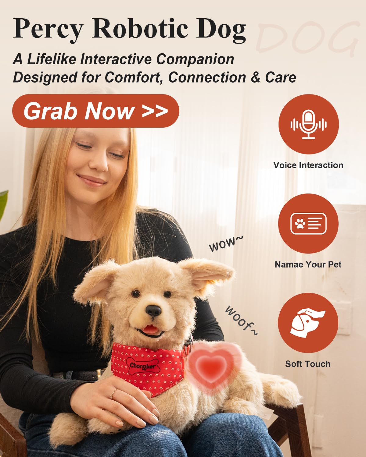 Chongker Interactive Companion Robot Dog Pets, Handmade Weighted Stuffed Animals, Cat Plush Toy with Voice Response, Realistic Heartbeat and Purring
