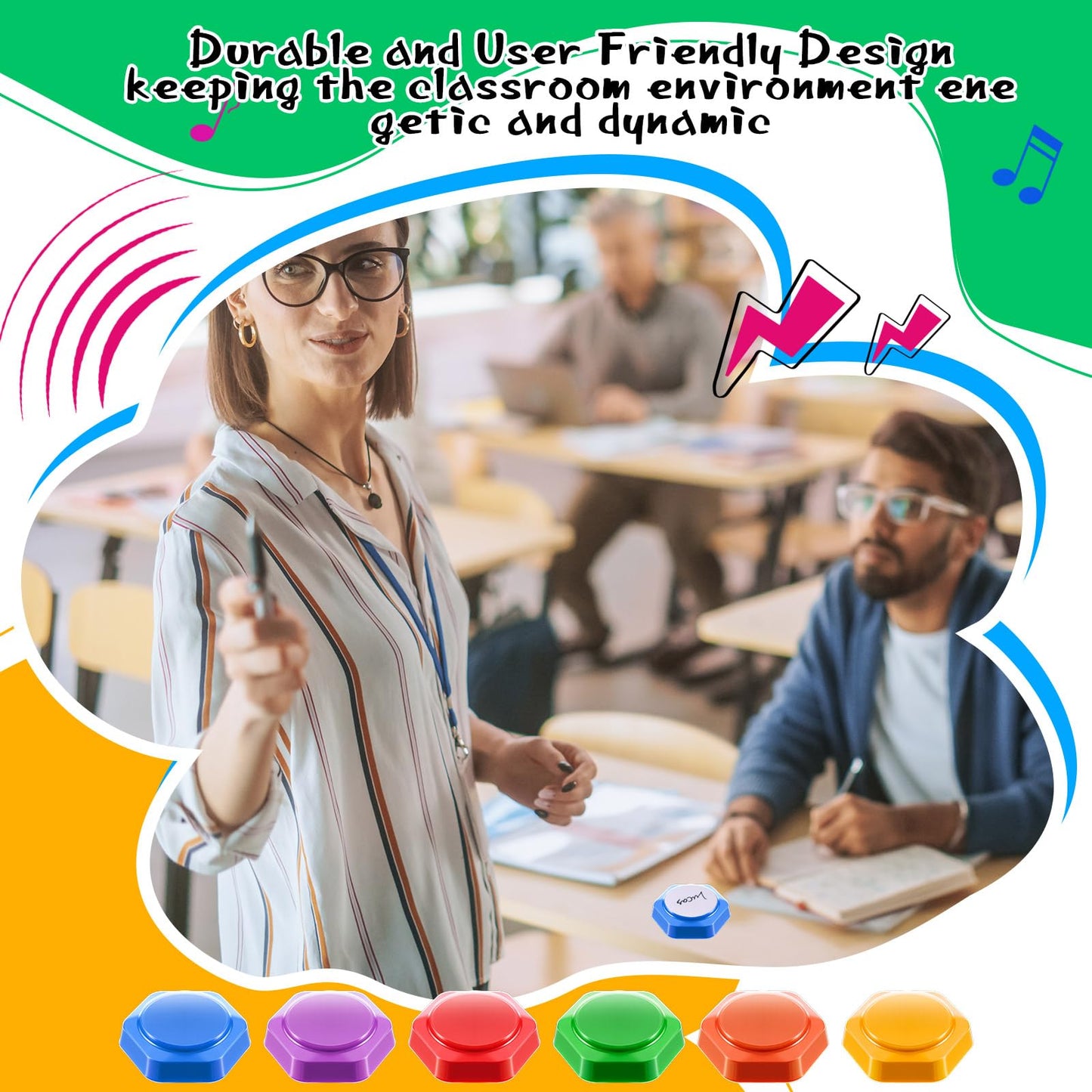 Honoson 6 Pack Recordable Answer Buzzers Voice Recording Buttons for Classroom with Reusable Transfer Stickers and Erasable Marker Pen Game Show Buzzers