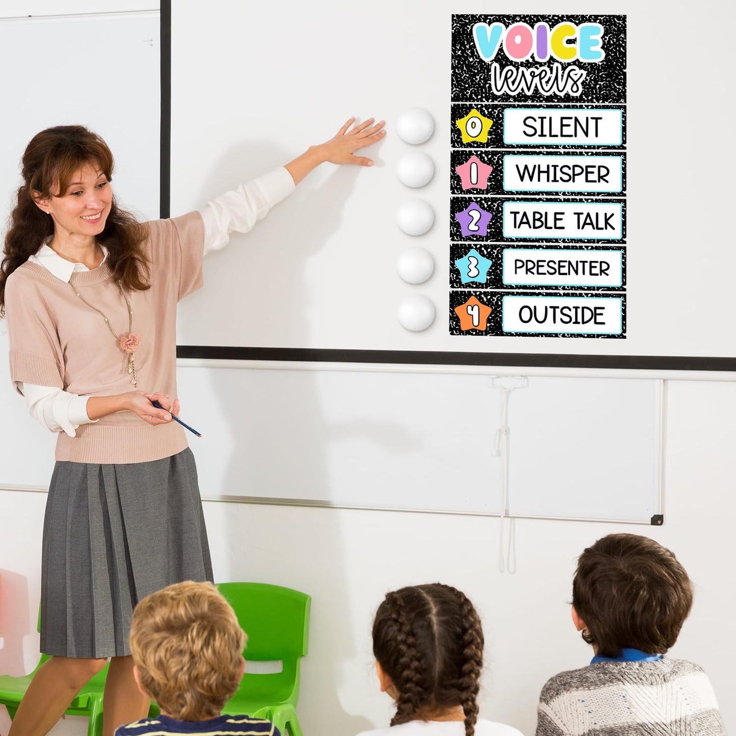 Glooglitter 5 Pcs School Magnetic Voice Level Chart Poster and Push Light Composition Notebook Classroom Decor LED Tap Light Chart Noise Voice Level Sign for Classroom Teacher Back to School Supplies