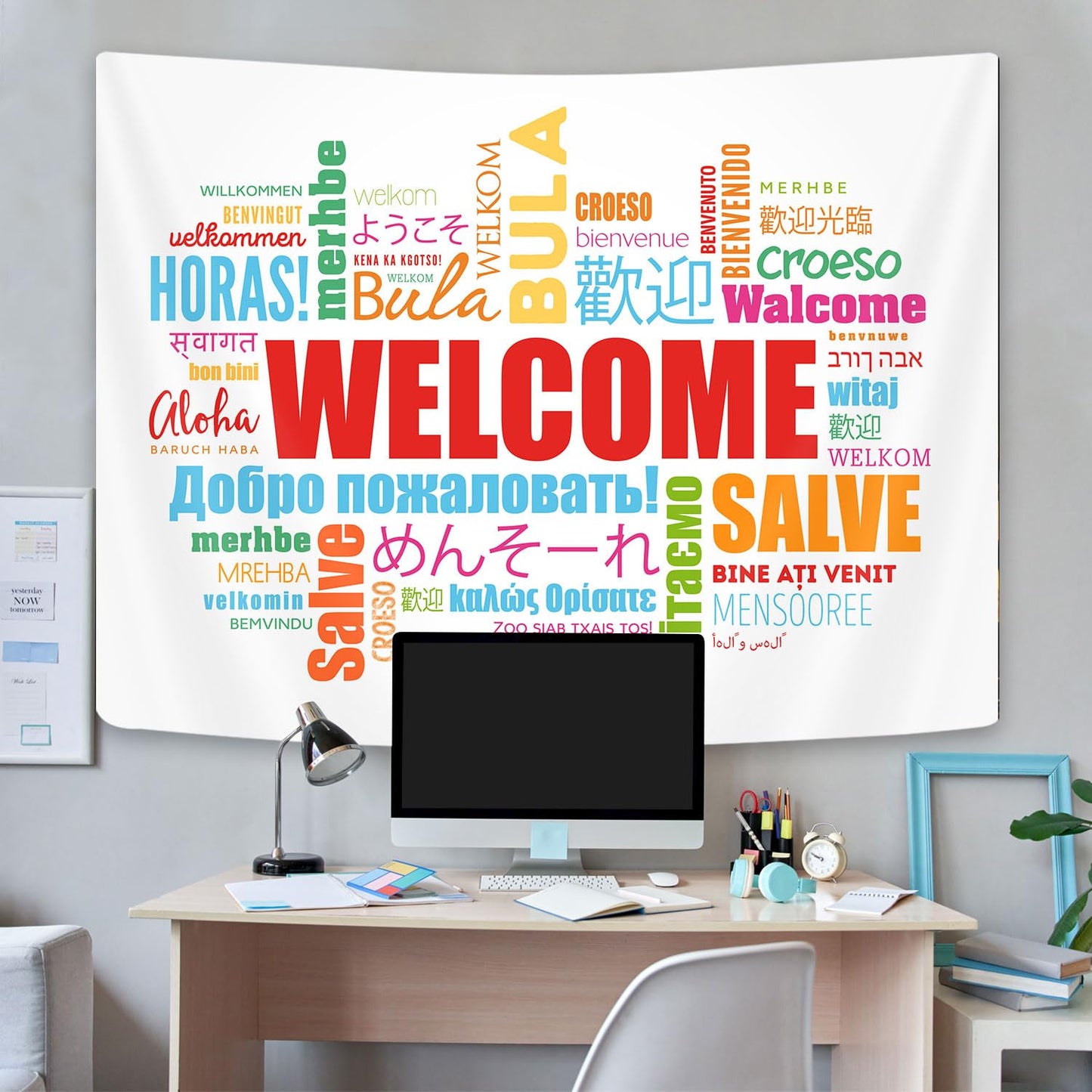 GOAOK Welcome Word in Different Languages Tapestry, Colourful Languages Multilingual Classroom Decor Aesthetic Tapestry Wall Hanging for Student Kids Decor Living Room Bedroom Dorm Playroom 60X40 In