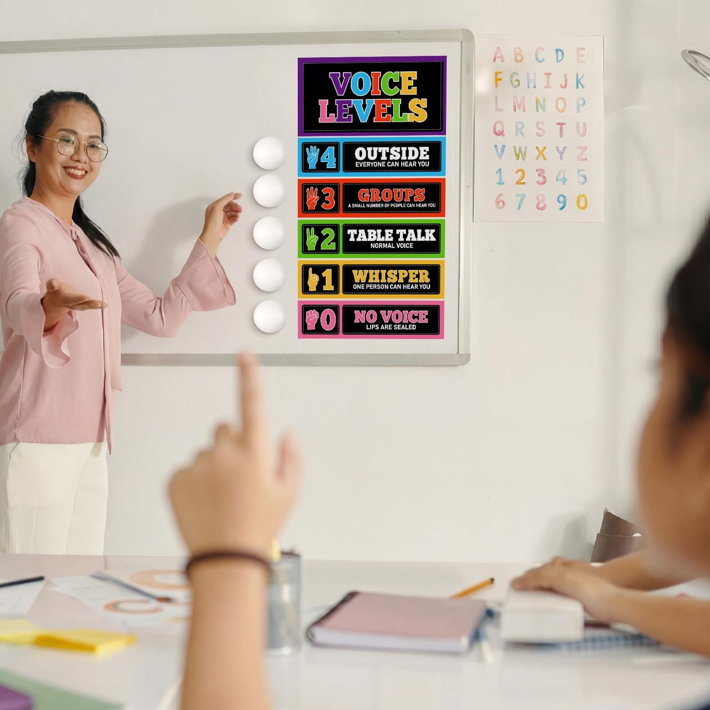 Glooglitter 5 Pcs School Magnetic Voice Level Chart Poster and Push Light Crayon Classroom Decor LED Tap Light Chart Noise VoiceLevel Rules Sign for Classroom Teachers Back to School Supplies
