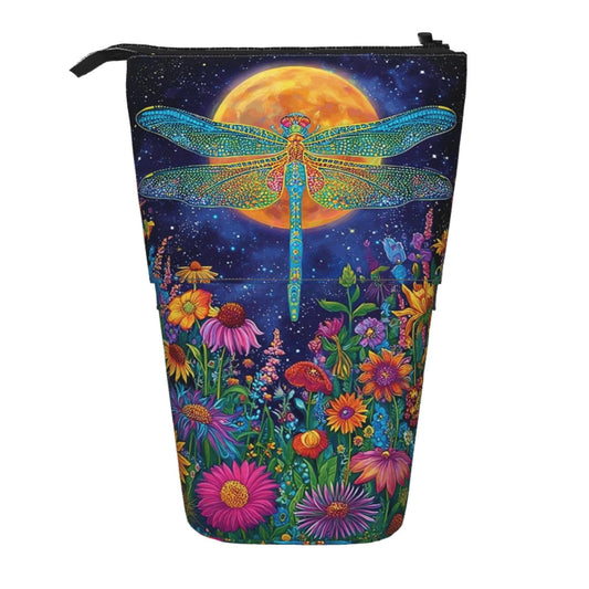 Tezmd Dragonfly Moon Standing Pencil Case Cute Telescopic Stationary Pouch with Zipper Large Capacity Stand up Pen Bag Portable Makeup Holder for School Office Supplies