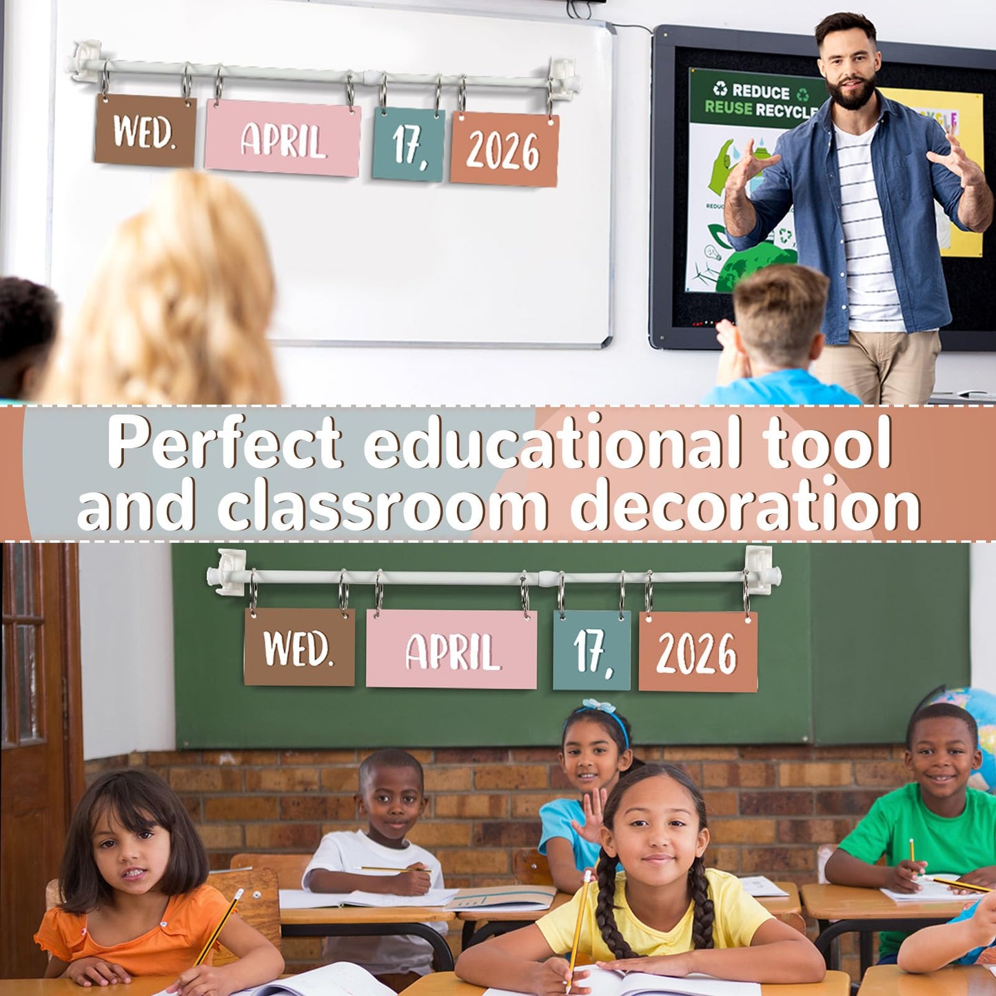 Boho Flip Calendar for Classroom Bulletin Board Set Boho Rainbow Calendar Class Whiteboard Decor with 2026 to 2030 Years Date Cards and Adjustable Rod for Home Elementary School Teacher Supplies