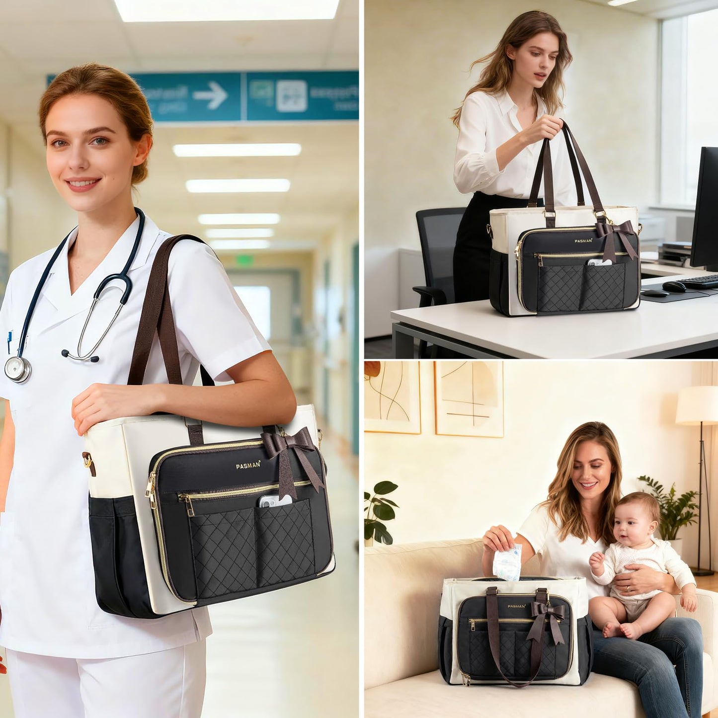 Teacher Tote Bag for Women,Multi-Pocket Laptop & Nurse Work Bag with Cup Holder,Structured Business Briefcase Computer Purse