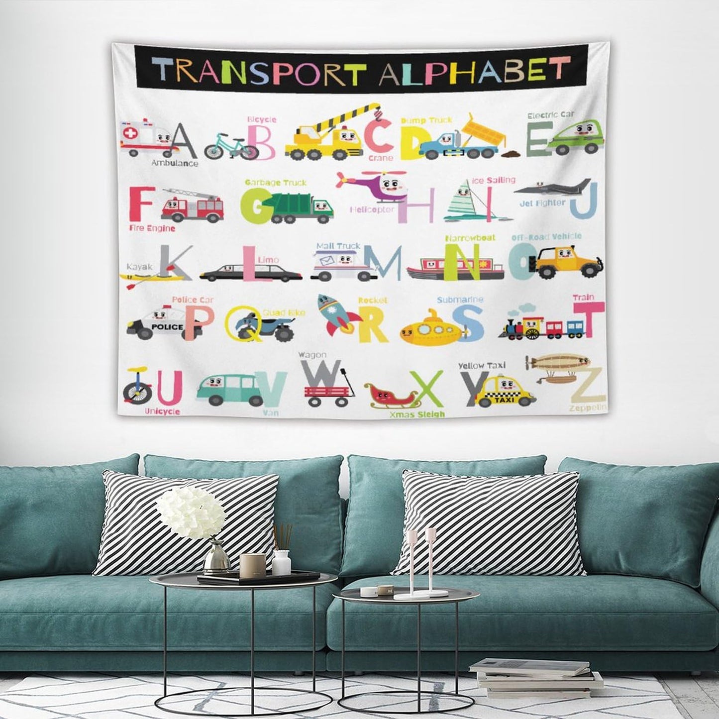 DDCBNS Cartoon ABC Alphabet Tapestry for Kids Boys Girls,Cute Car Plane Funny Transportations Print Educational Tapestry Wall Hanging Home Décor for Study Nursery Bedroom Living Room 80" x 60"
