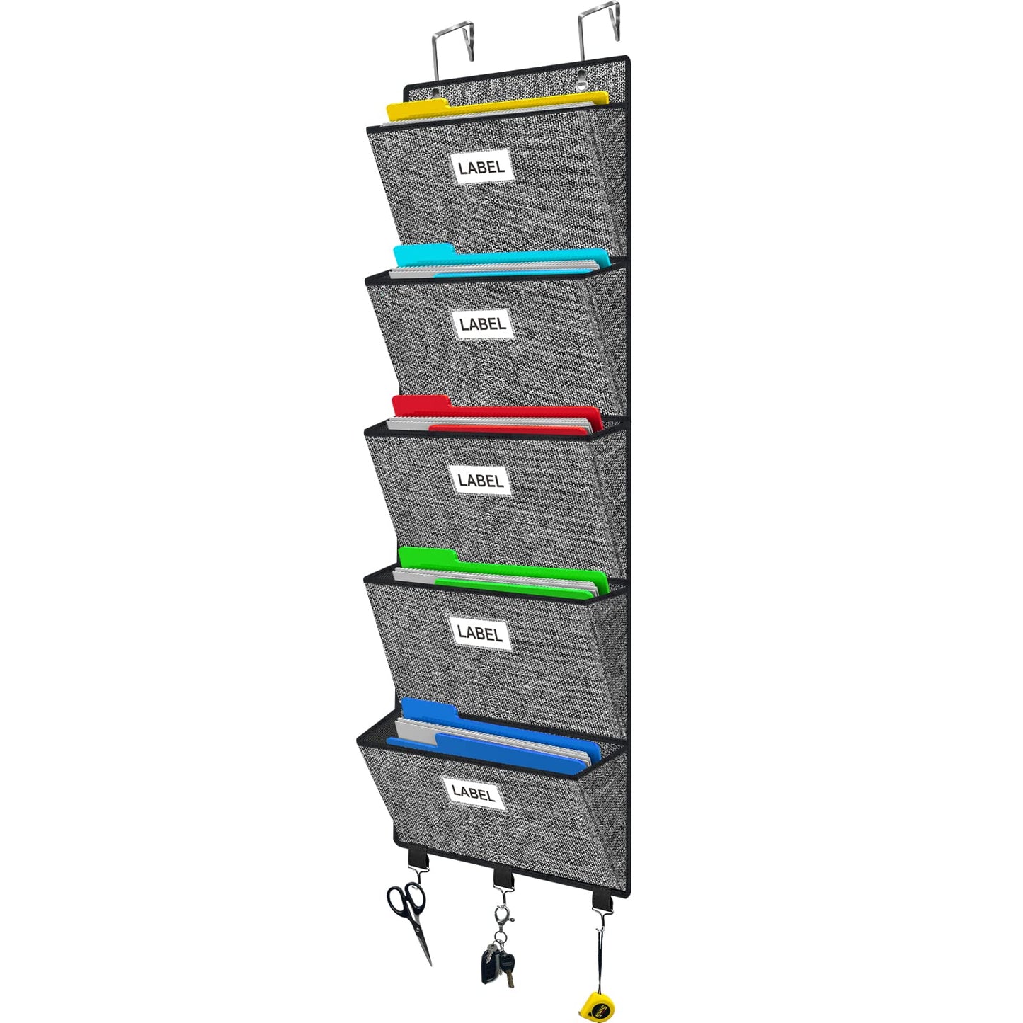 Homyfort Over the Door File Organizer, Hanging Wall File Folders with 5 Large Pockets for Papers, Charts, Mails, Magazine, Office and Back To Supplies Storage and Organization (Black)