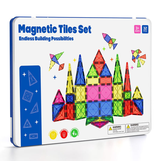 MEIQ Jumbo Magnetic Tiles with Secure Metal Case, 32 Pcs Large Magnetic Building Blocks for Kids 3-8, STEM Toys for Toddlers, Preschool Learning Montessori Toys, Age 3+ Boy Girl Gift
