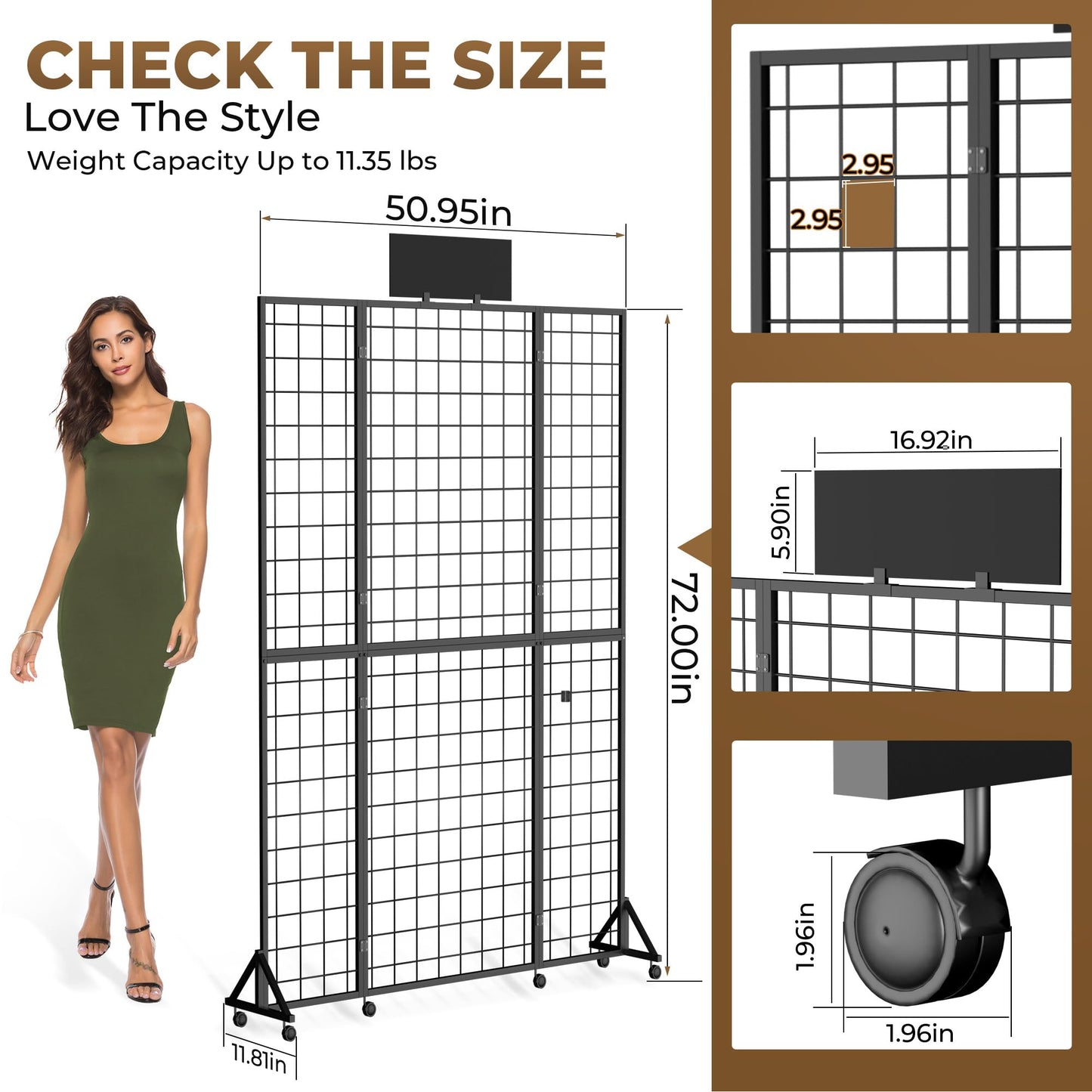 Foldable Grid Wall Panel, 6' x 4.25' Ft Gridwall Display Stand with Notice board, Heavy Duty Sturdy Floorstanding Wire Grid Display Rack, Movable Silent Wheel, Ideal for Retail & Art Craft Fairs