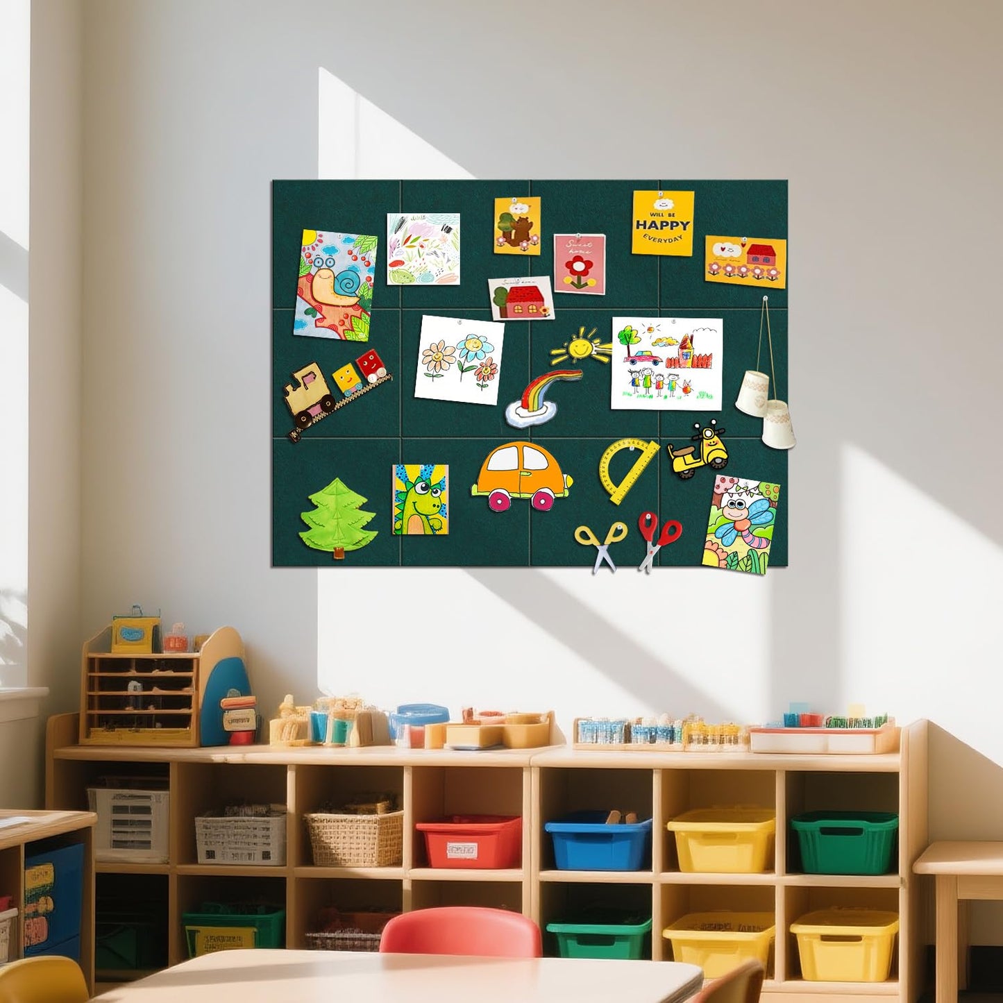 TSJOFFICE Large Cork Board for Wall - 48" x 36" Bulletin Board with 50 Pushpins for Office Decor, Pin Board 12 Pack Felt Wall Tiles with Safe Removable Adhesive Tabs, Corkboard for Home - Dark Green