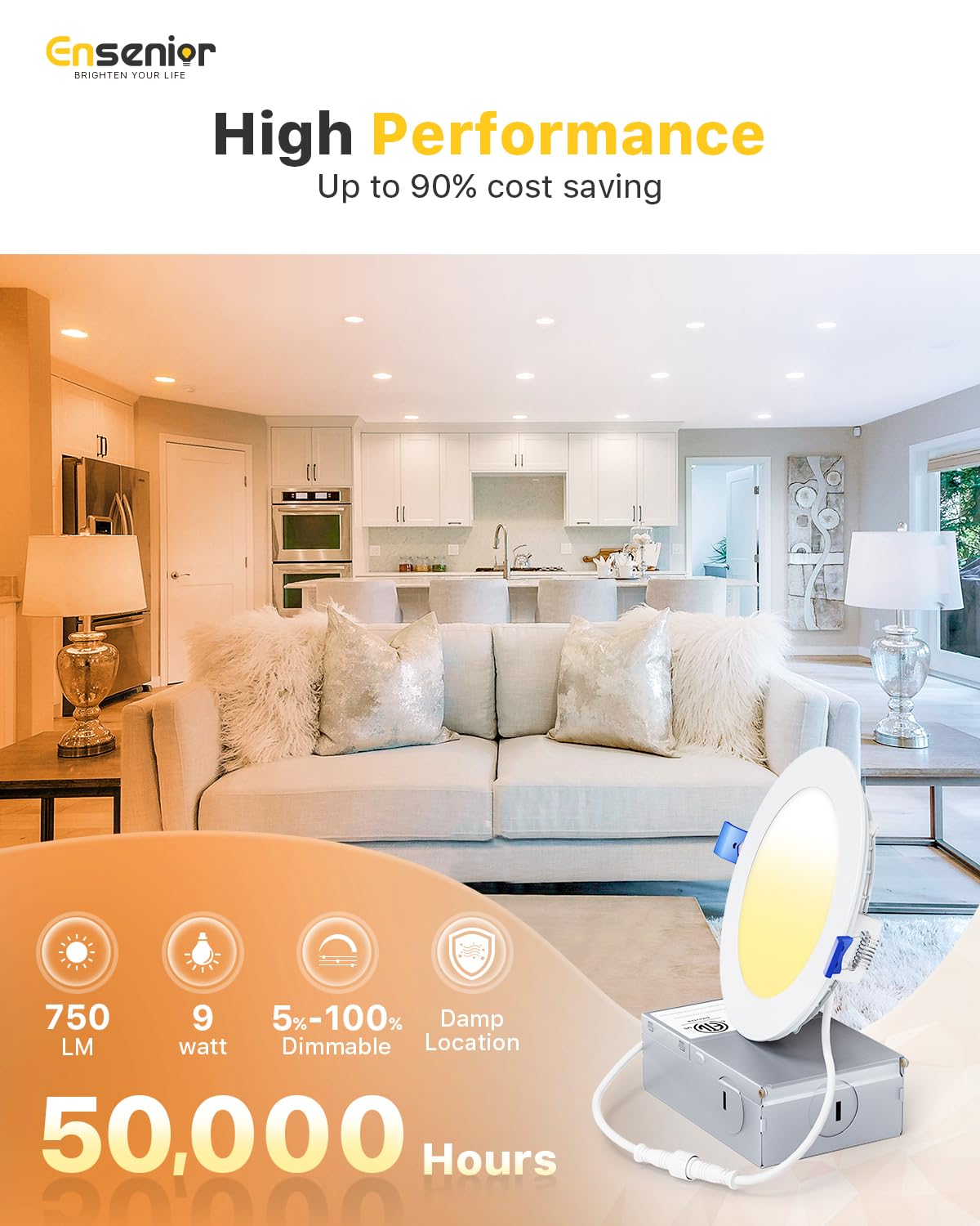 Ensenior 4 Inch LED Recessed Light, Dimmable 2700K-5000K, 750LM, Aluminum, Model WM25W27V40KDP0,