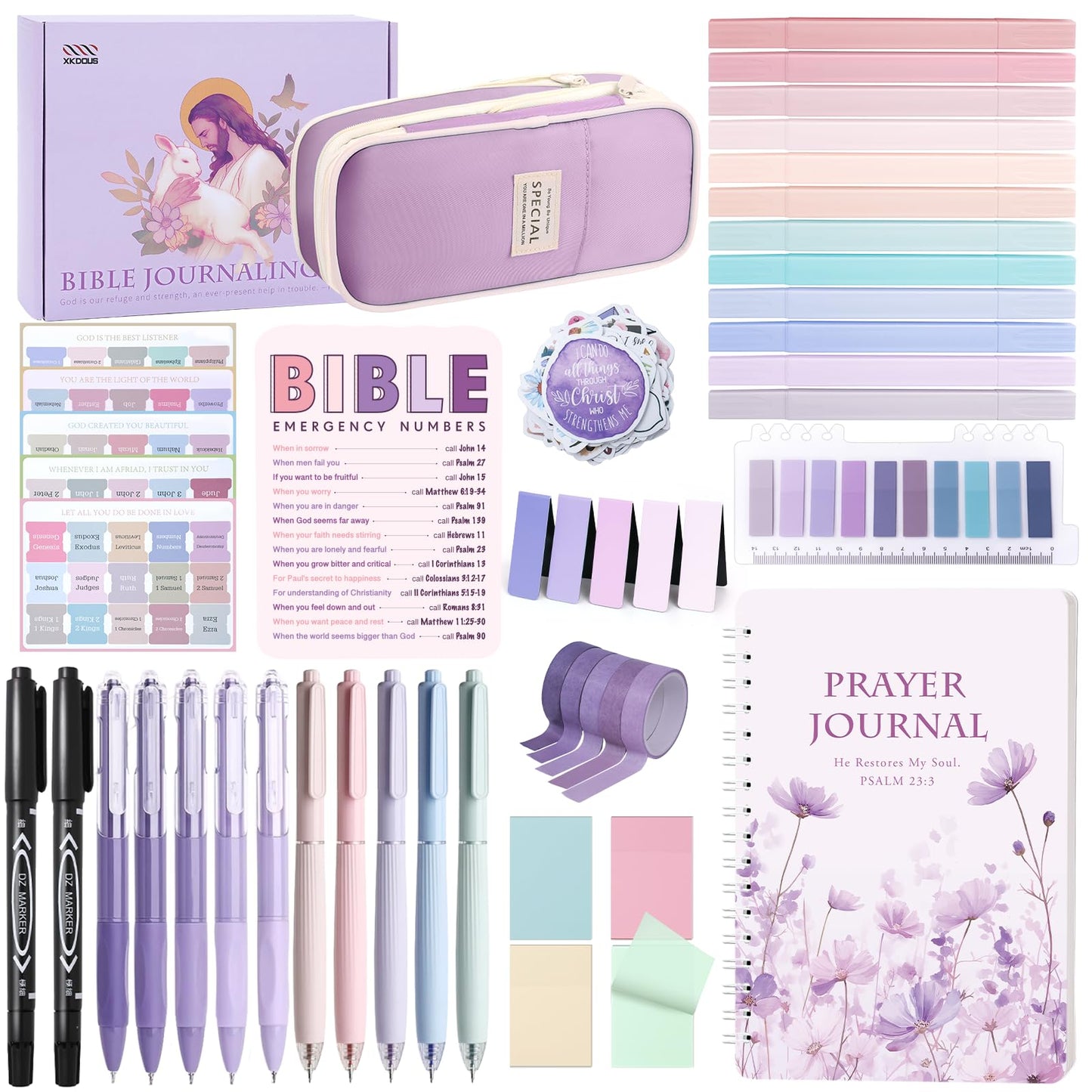 XKDOUS Bible Study Supplies Journaling Kit for Women, Bible Study Kit Journaling Supplies with Prayer Journal, Highlighters, Emergency Card, Pencil Case and More, Christian Gifts for Women, Purple