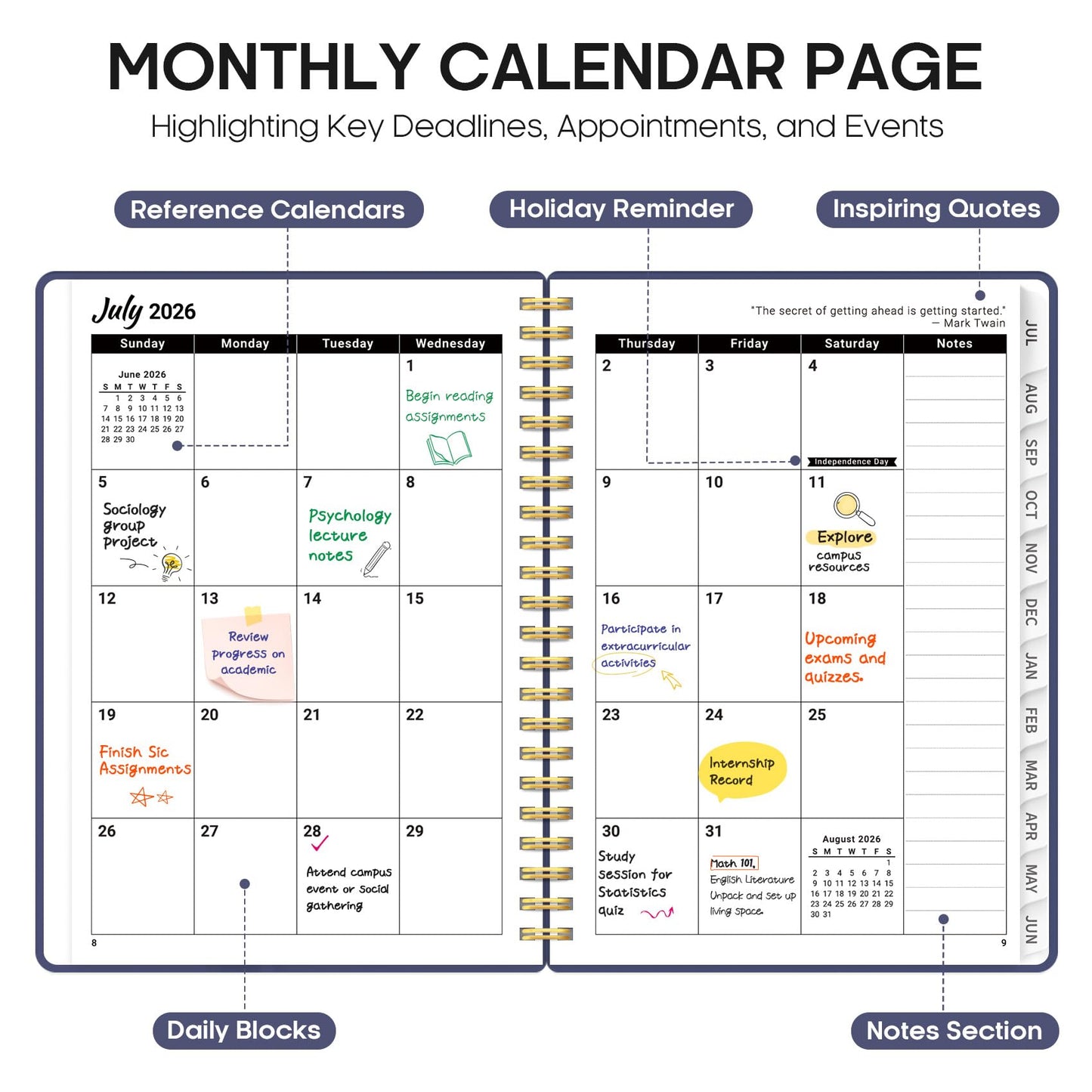 Planner 2026-2027, Academic Year Weekly and Monthly Calender Planner, from Jul 2026 - Jun 2027, Spiral Bound School Planning Book, Perfect for Teacher, Student, Women & Men, A5 (6.3" x 8.5"), Royal Flutter