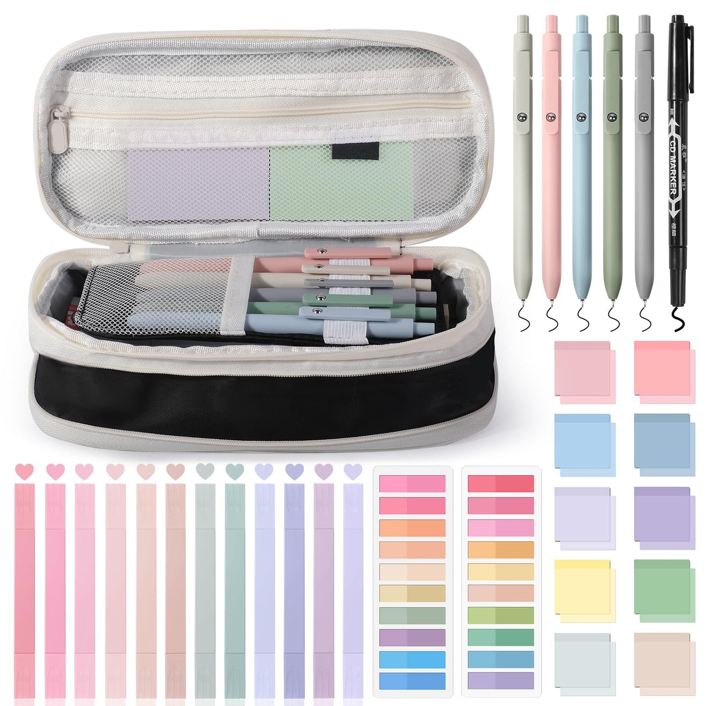 KOUDGY 49Pcs Book Annotation Kit - Aesthetic School Supplies with Cute Pen Case Highlighters Gel Pens and Marker, Sheets Transparent Index Tabs Sticky Notes Bible Study Supplies(Black)
