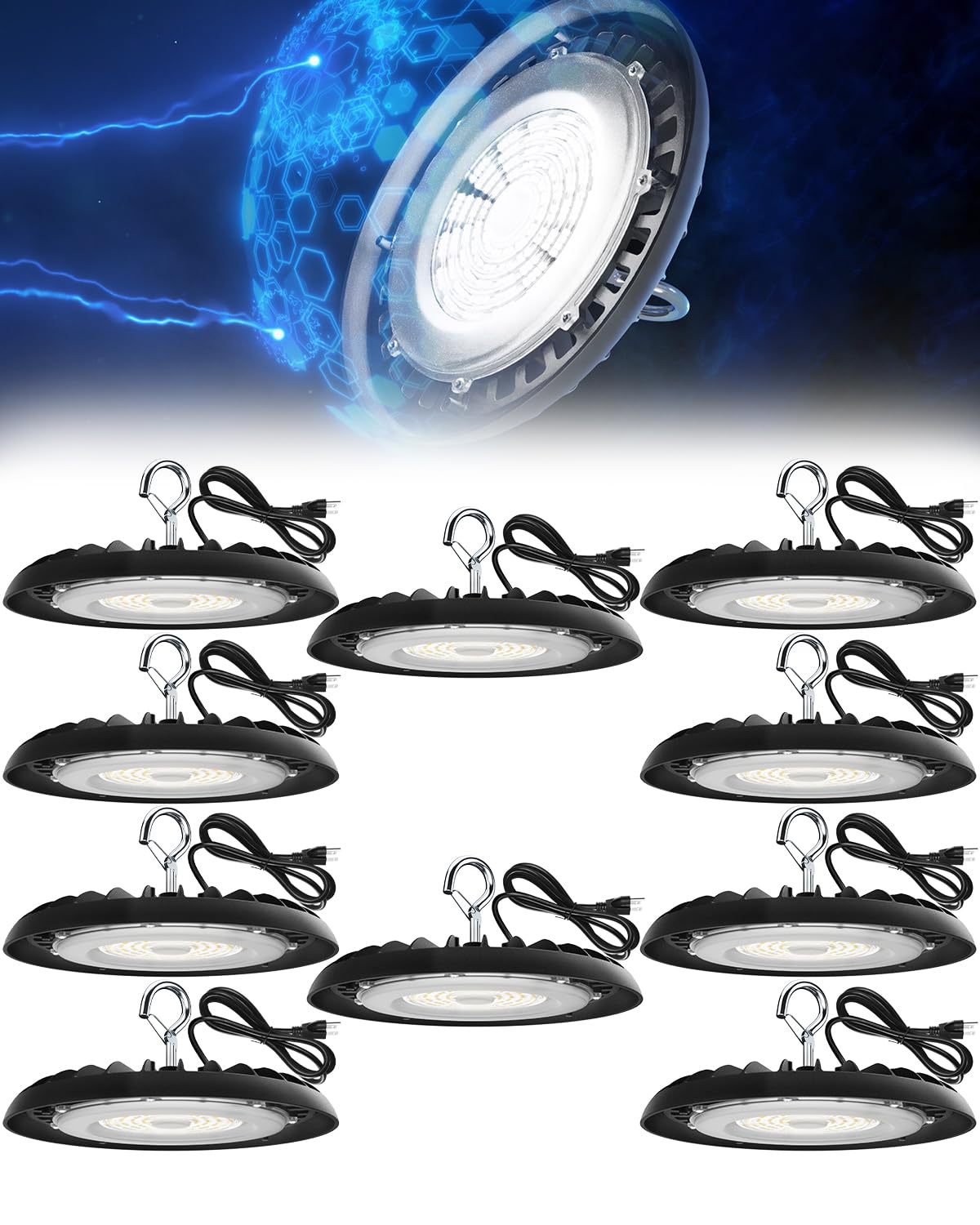 Barrina UFO LED High Bay Light 150W 21000LM IP65 Waterproof 5000K 10 Packs Daylight White Model BA-UFOD02-150W-6KV-50