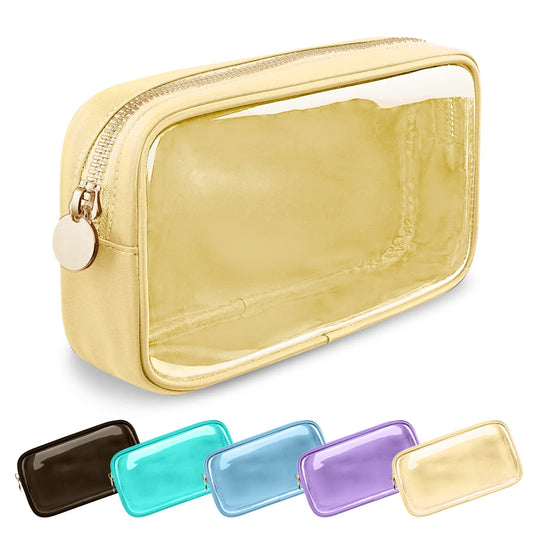 UIXIZQ Clear Small Makeup Bag with Zipper, Nylon&PVC Cosmetic Travel Bag Preppy TSA Approved Toiletry Bag for Women Girls, Transparent Waterproof Makeup Pouches Cute Travel Bag for Purse(Small-Beige)