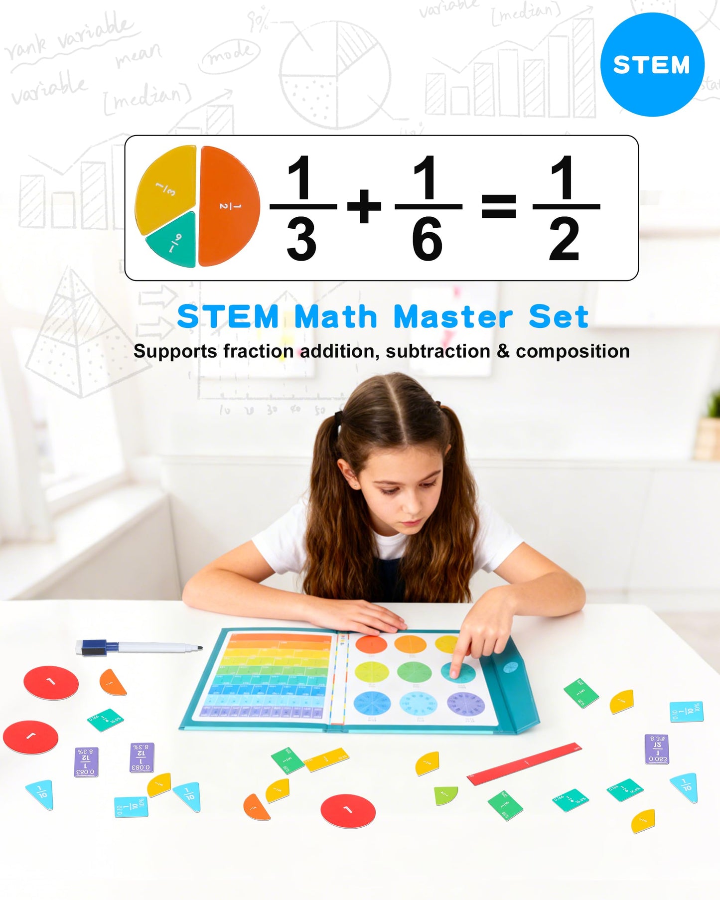 Magnetic Fraction Demonstration Book, 102 Pcs Magnetic Fraction Tiles & Circles Set for Kids, Fraction Manipulatives Montessori Math Games for Elementary School