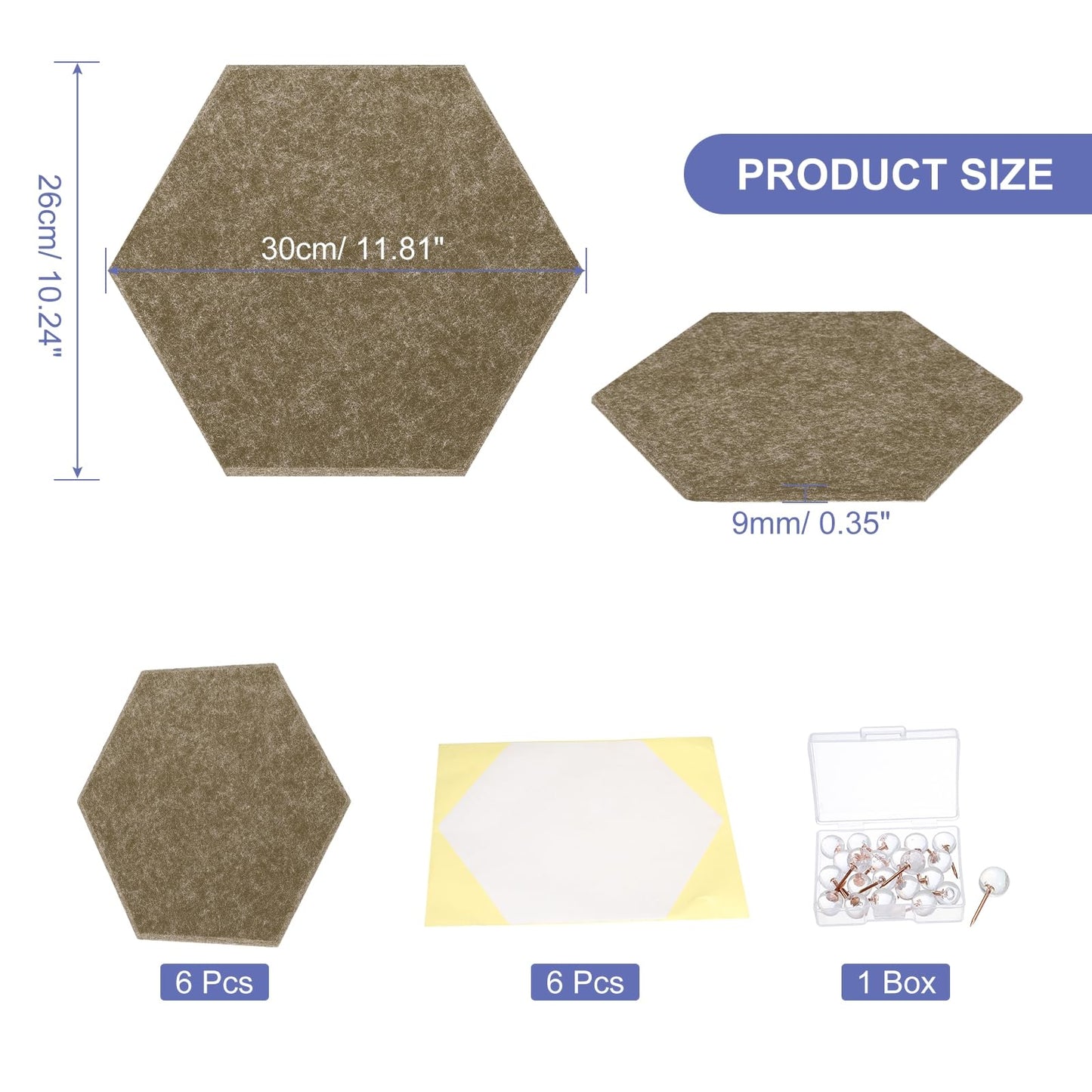 PATIKIL Felt Bulletin Board, 12"x10", 6 Packs Self Adhesive Hexagon Felt Tiles for Sound Proofing Wall Panels for Home Office Recording Studio,Game Room, Deep Brown