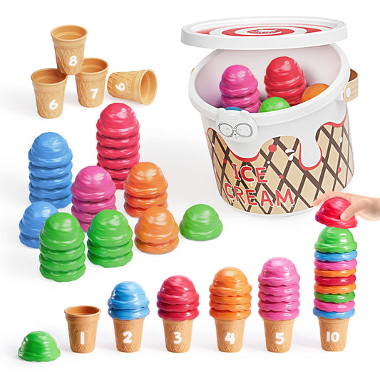 JoyCat Ice Cream Preschool Learning Activities Counting and Color Sorting Set Stacking Toys for Kids 3-5, Educational Fine Motor Skills Toys, 65PCS Math Manipulatives