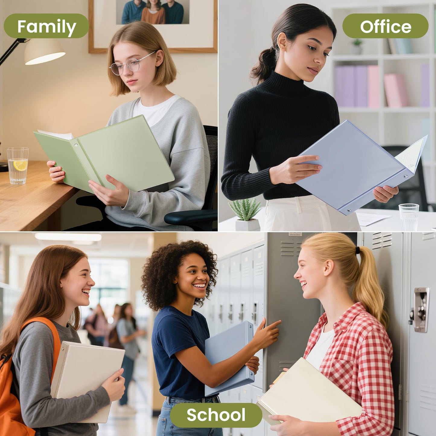 SUNEE 3 Ring Binder 1 Inch 2 Pack, Clear View PVC-Free (Fit 8.5x11 Inches) for School or Office, Sage Green