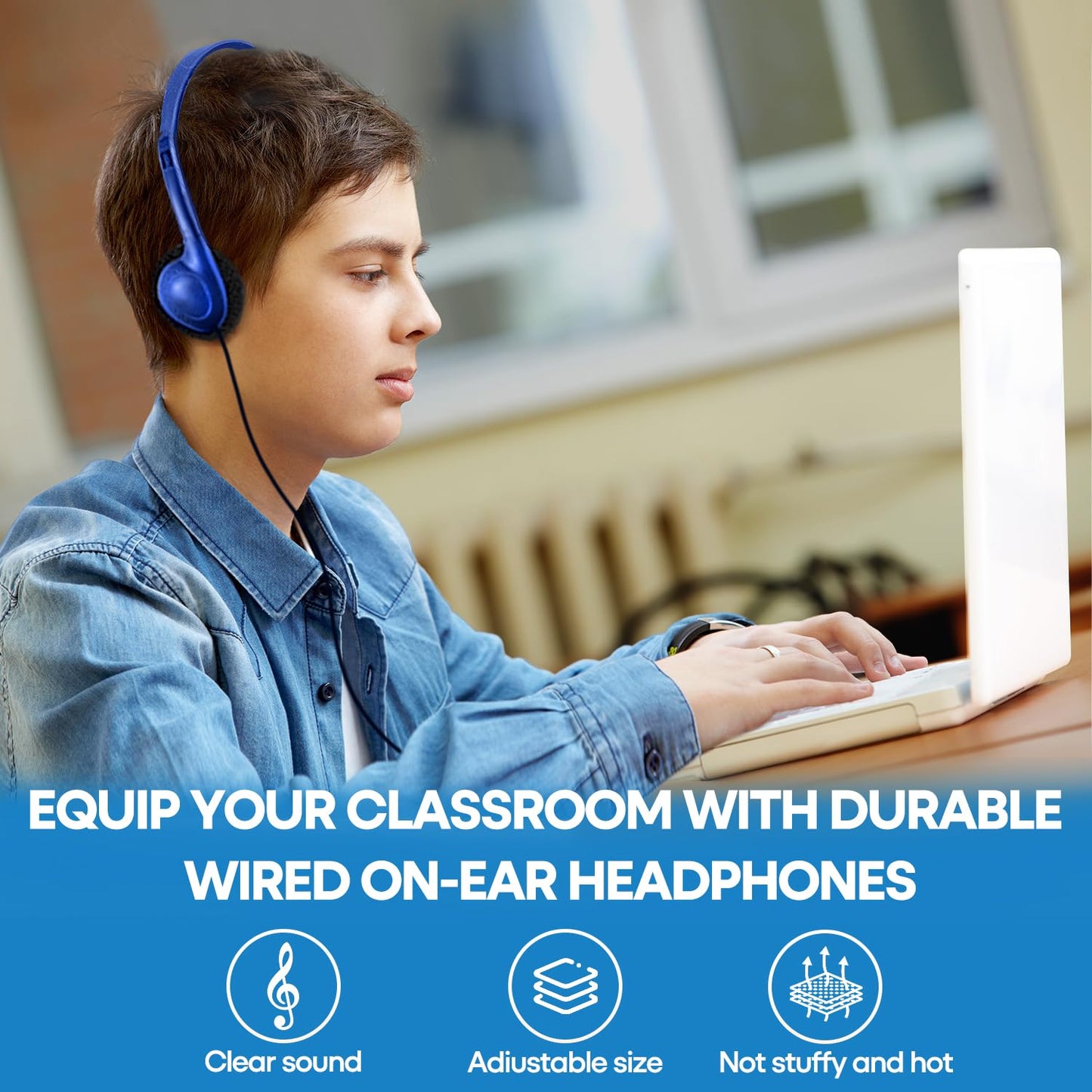 CN-Outlet 100 Pack Classroom Headphones Bulk for Kids School Class Set Headsets for Students Teens Toddler Childeren and Adults, Wholesale 3.5mm Pulg Wired Earphones-Upgrade (Dark Blue, 100 Pack)