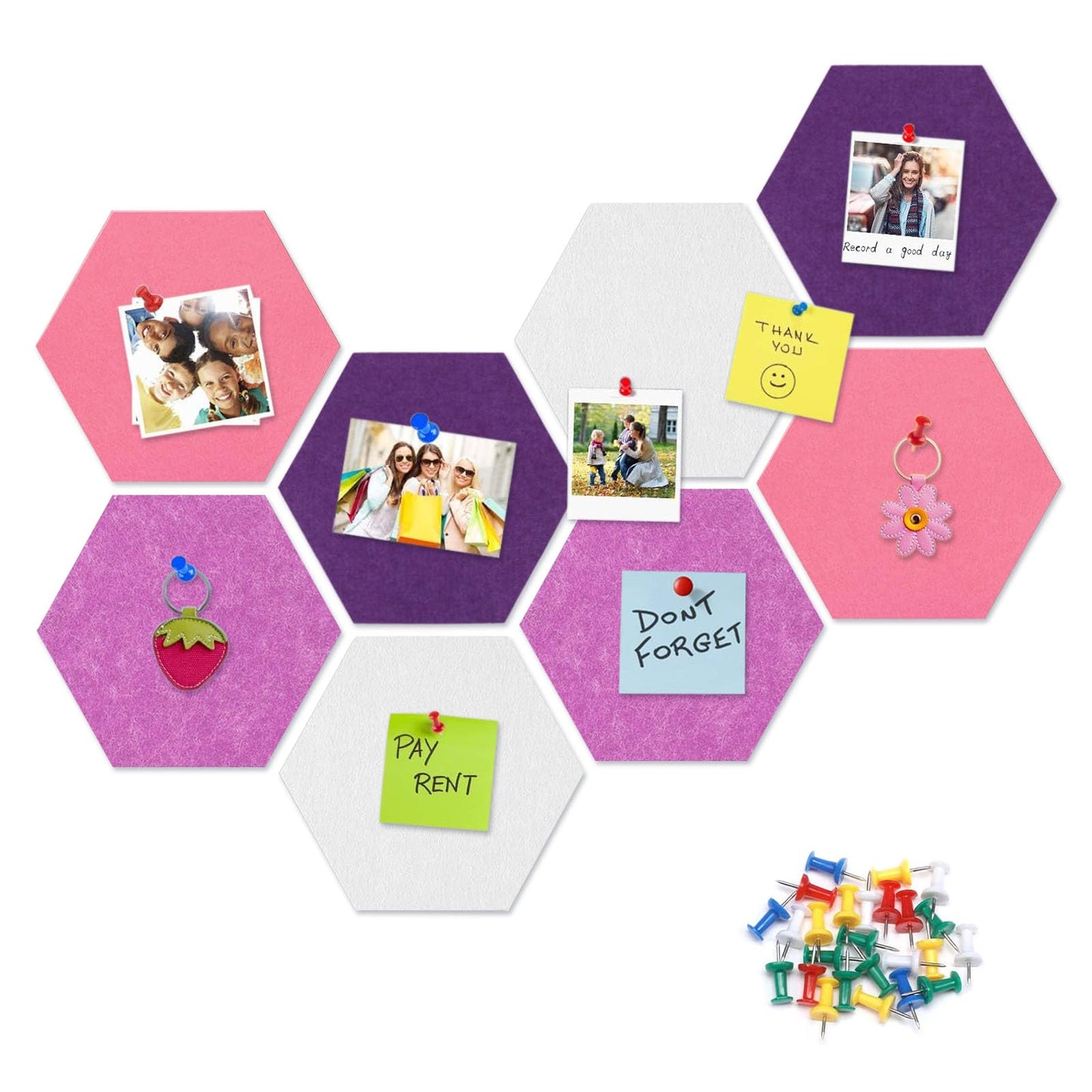 8 Packs White Purple Pink Hexagon Felt Pin Board, 12" Bulletin Board with 30 Push Pins, Felt Board for Home Kitchen Office Decor, Self-Adhesive Corkboard Tiles for Walls Message Photos Memos Display