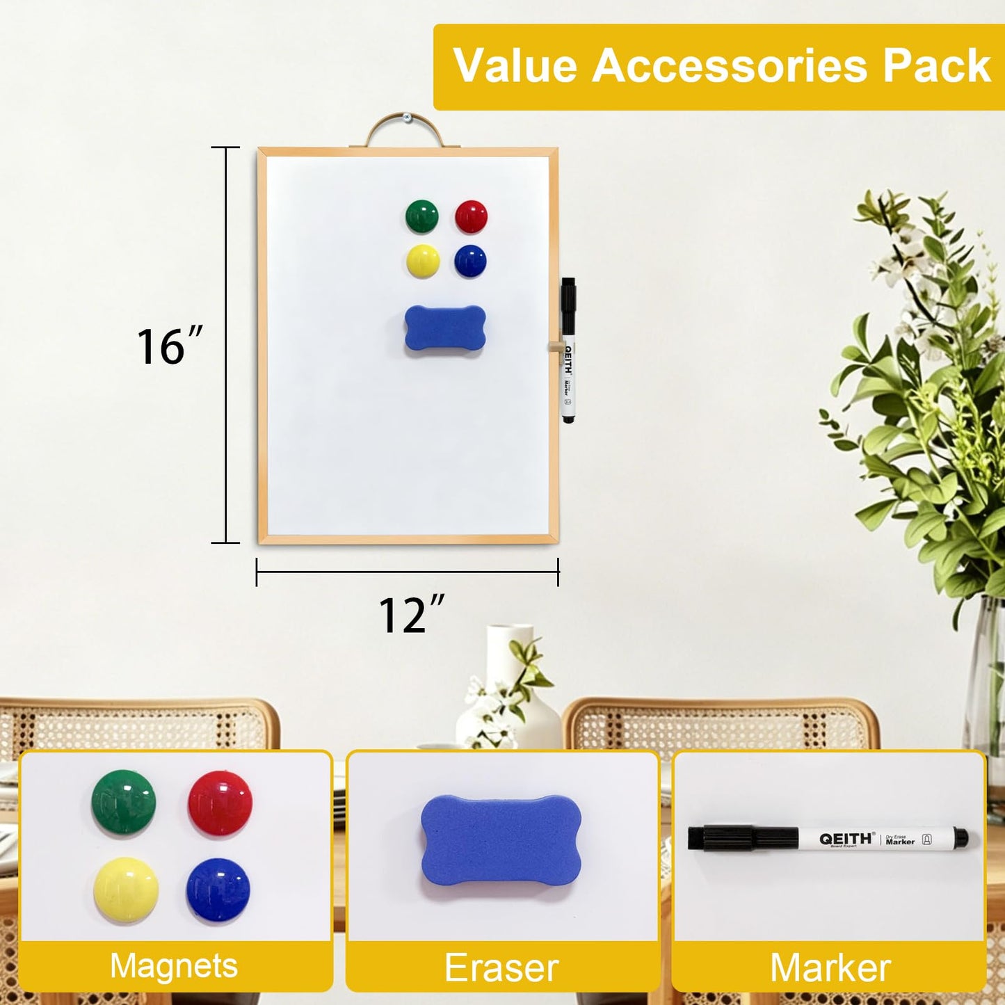 Small White Board,16"X12"Portable Aluminum Frame Whiteboard, Magnetic Double Sided Dry Erase Board, with A Handle and Side Pen Clip,for Office, Home,School,Includ 4 Magnets,1 Eraser,1 Marker (Gold)