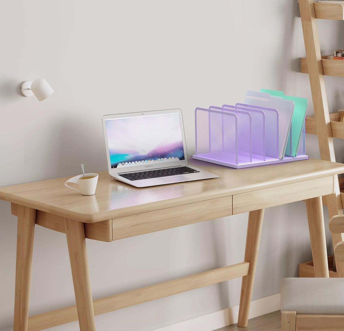 Kuntine.B Desk File Organizer Upright Mesh Desktop Organizer File Sorter Office Organization File Holder for Home, Office & Classroom (Purple, 1 Pack 5-Section)