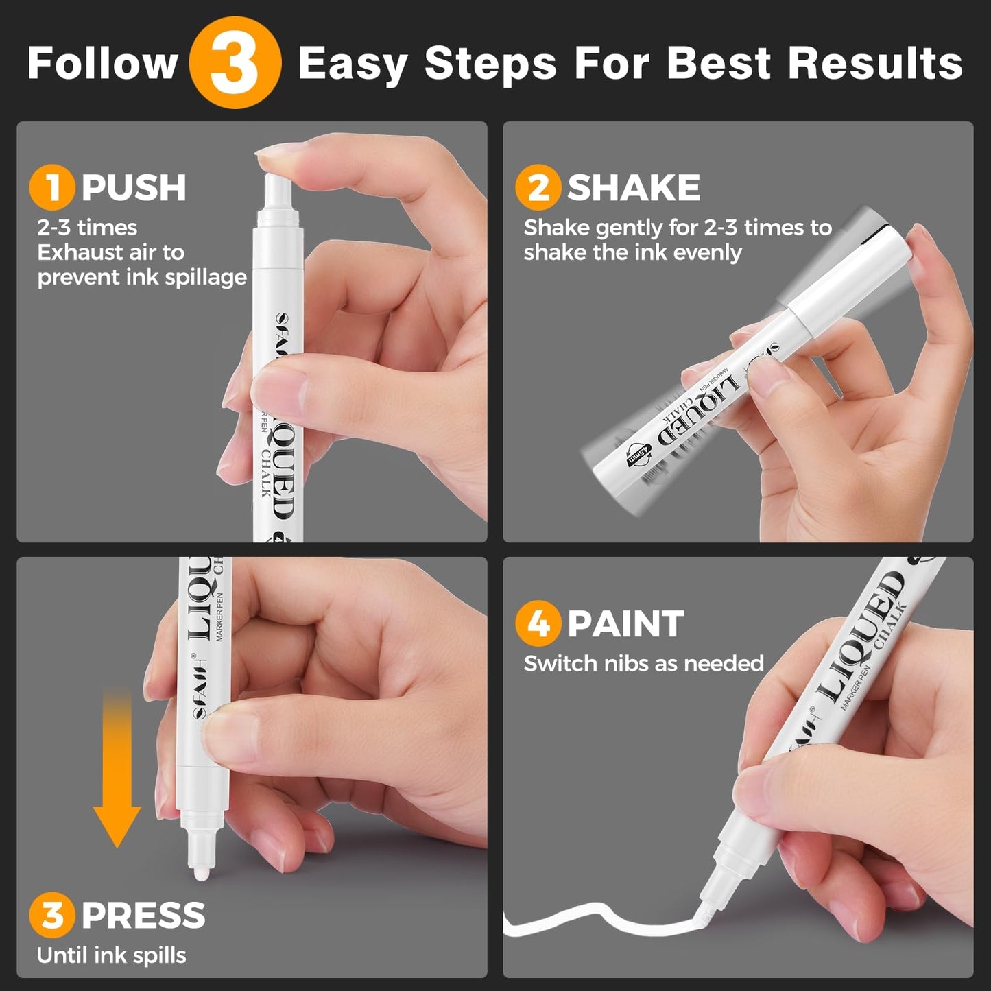 SFAIH White Liquid Chalk Markers for Blackboard, Glass - [Wet Wipe No Residue] 8 Pack- (4x) 2mm/4mm Reversible & (4x) 0.7mm Fine Tip, Ultra Flow Triple-Tips - Menu, Bistro, Signs, Windows, Food Labels