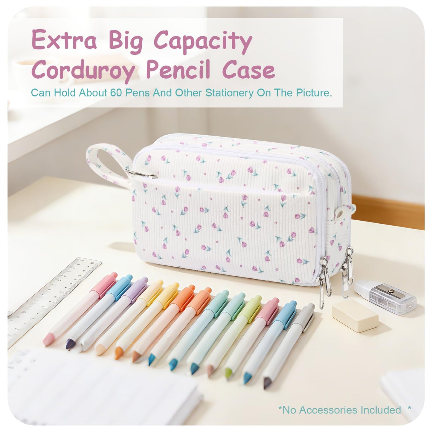 BuyCard Big Capacity Pencil Case, Corduroy Fabric, White with Purple Floral Pattern, Pencil Bag with Zipper Closure, Graduation Gift Office Stationery Storage Pen Pouch