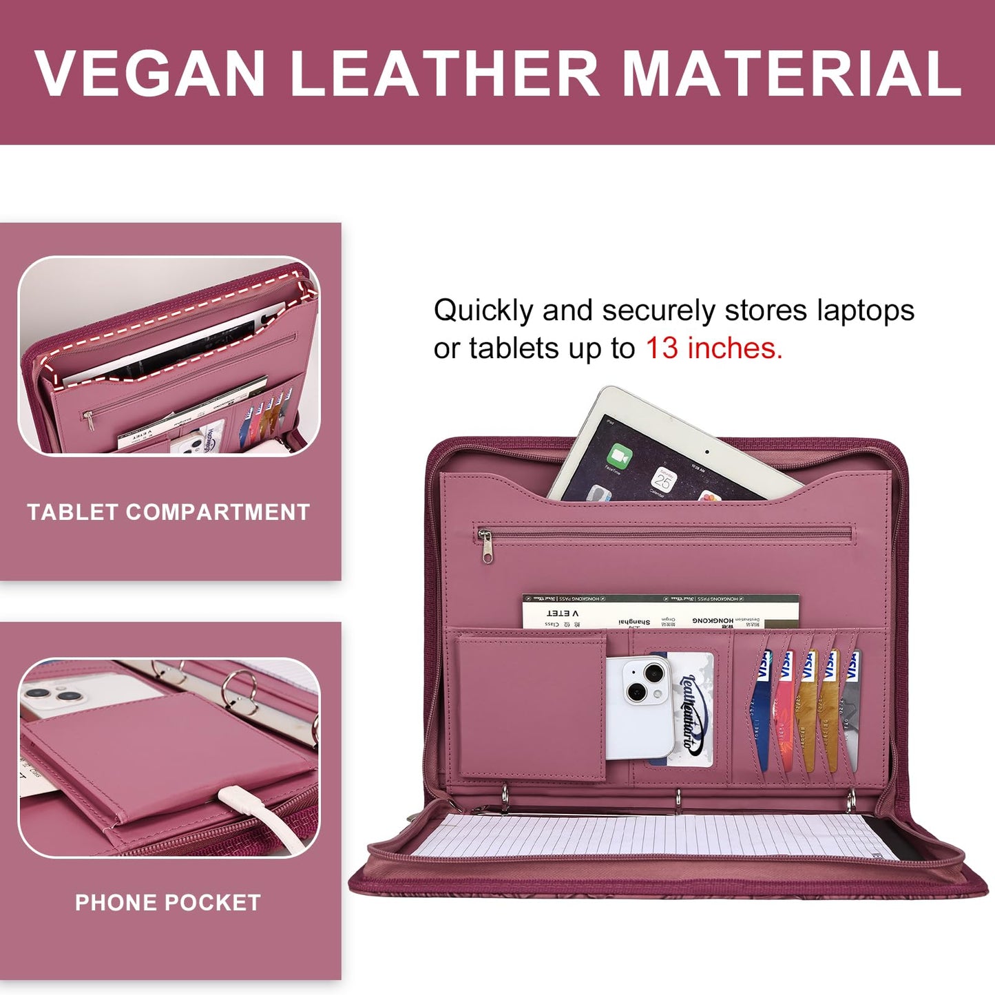Leathario Portfolio Binder, Includes 5 Folder Index Dividers and 3 Notepads, 3-Ring Folder Organizer, Padfolio with Zipper, Vegan Leather Tablet Sleeve, Business Office Conference Clipboards