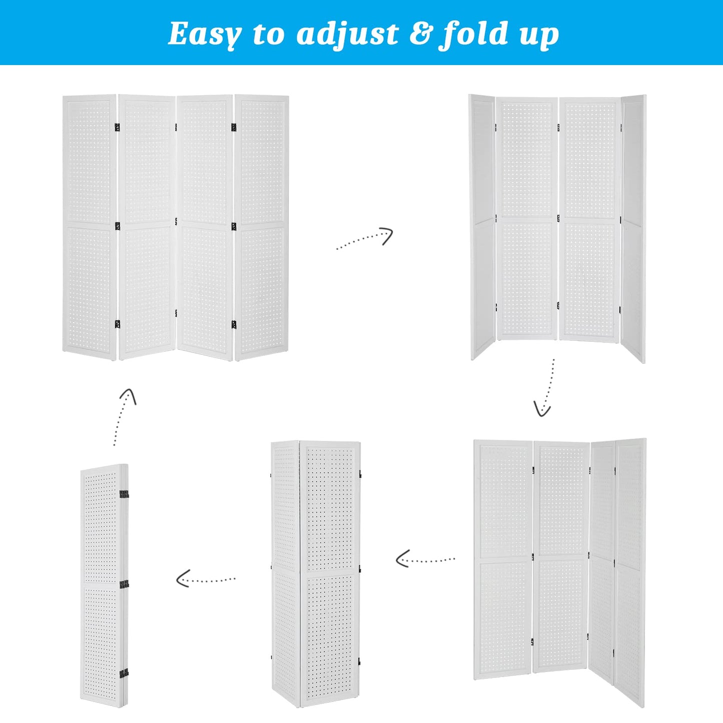 Bonnlo 4 Panel Pegboard Freestanding, 5 FT Portable Display Board Organizer for Craft Show Jewelry, Wooden Folding Privacy Screen Room Divider (with Base, White)