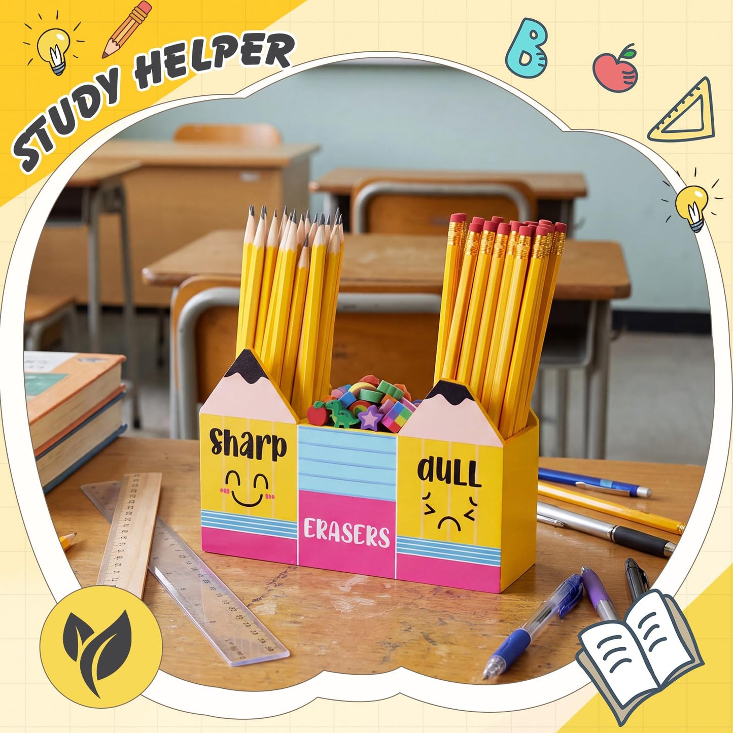 Eaasty Pencil Shaped and Sharp Dull Holder Eraser Wooden Dispenser Pencil Storage 3 Compartments for Back to School Teachers Classroom Organization(1 Pack,Yellow Face)